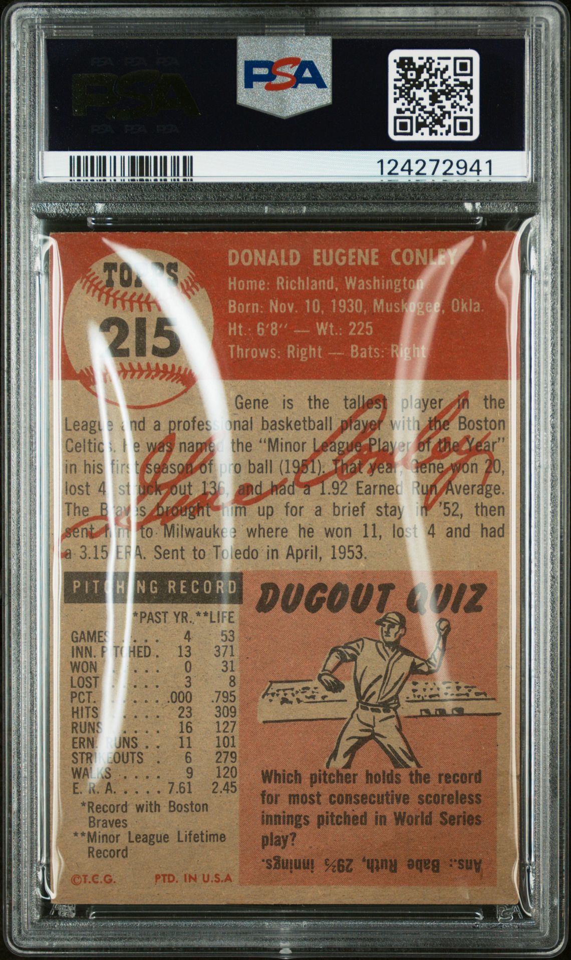 1953 Topps Gene Conley #215 Vg+ 3.5 back