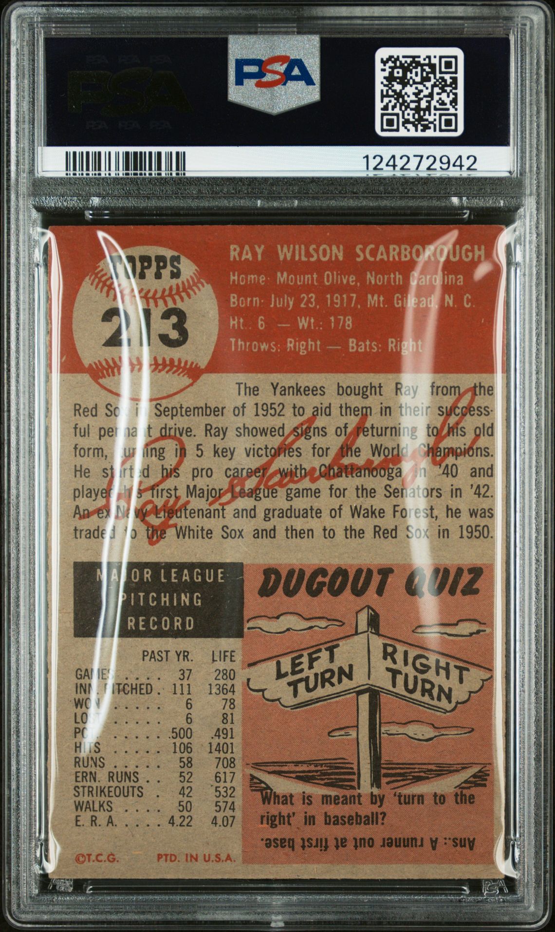 1953 Topps Ray Scarborough #213 Vg-Ex 4 back