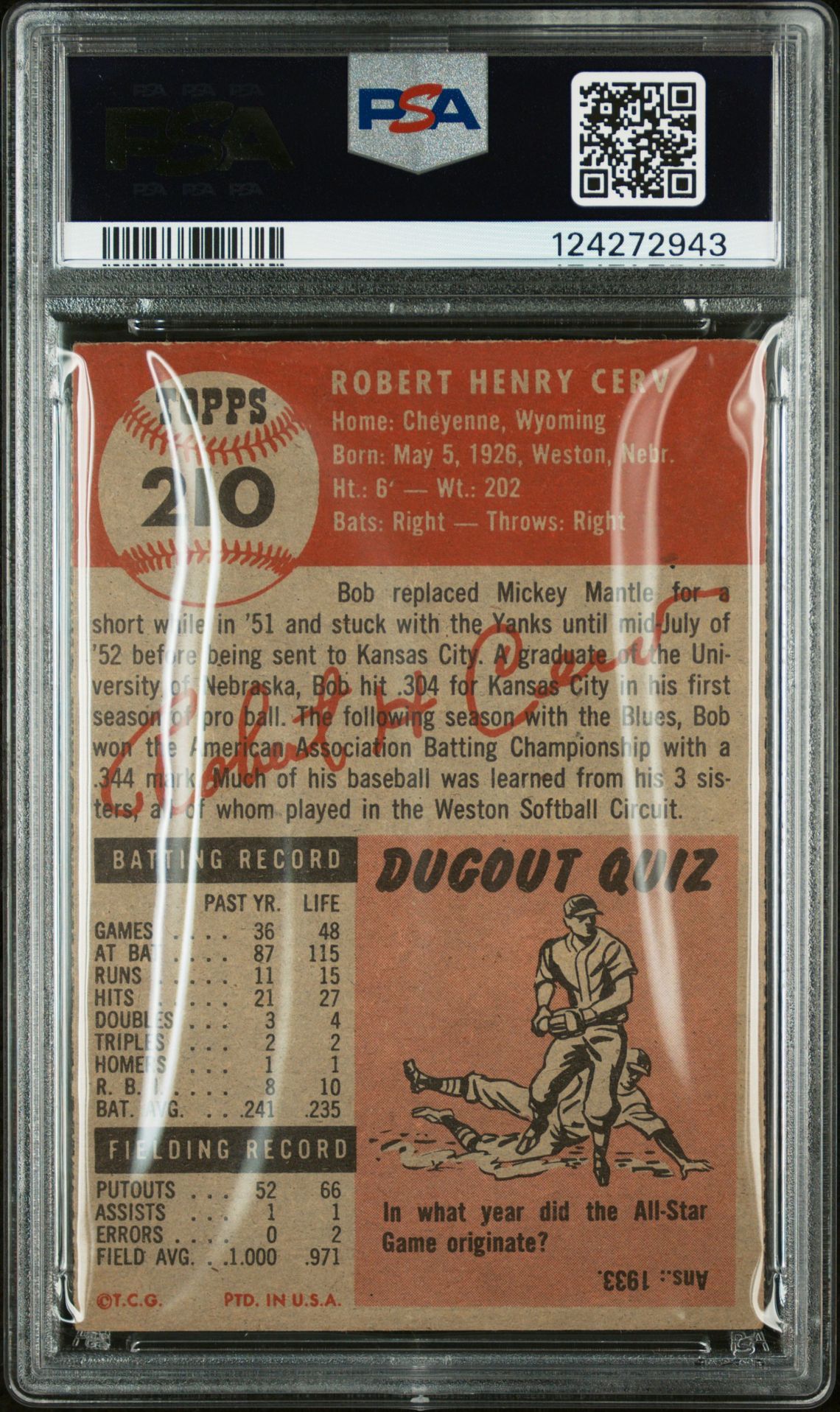 1953 Topps Bob Cerv #210 Vg+ 3.5 back