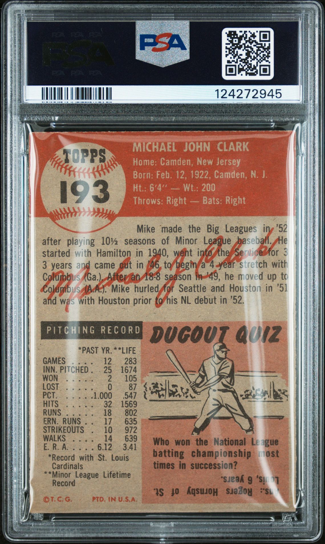 1953 Topps Mike Clark #193 Ex 5 back