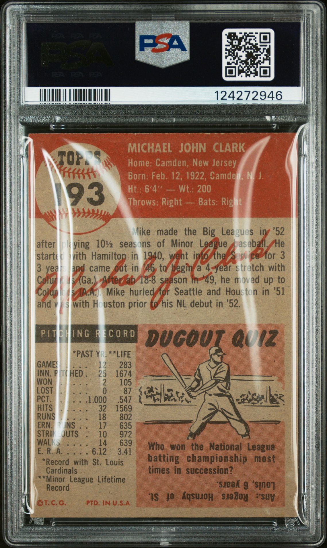 1953 Topps Mike Clark #193 Ex 5 back