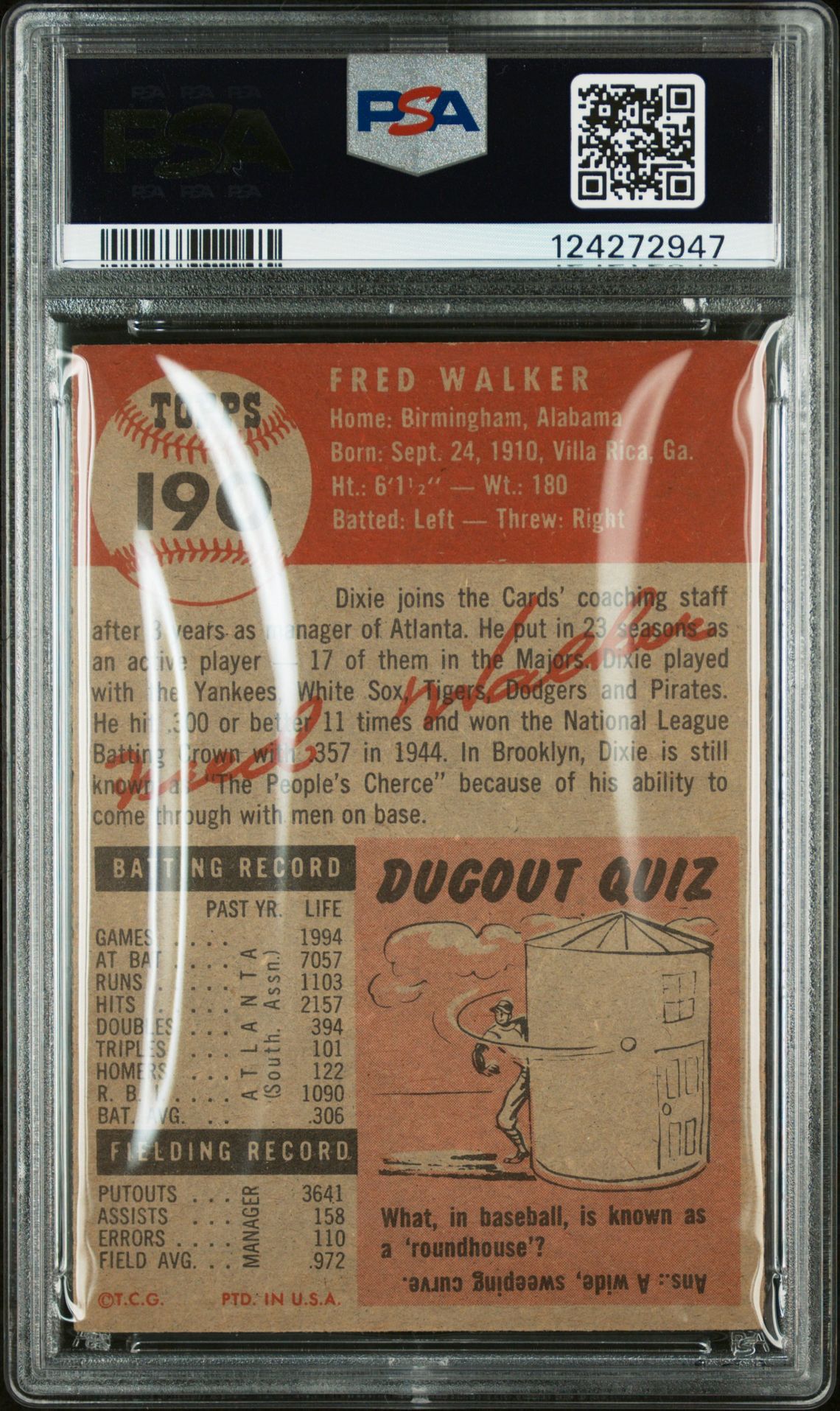 1953 Topps Dixie Walker #190 Vg+ 3.5 back