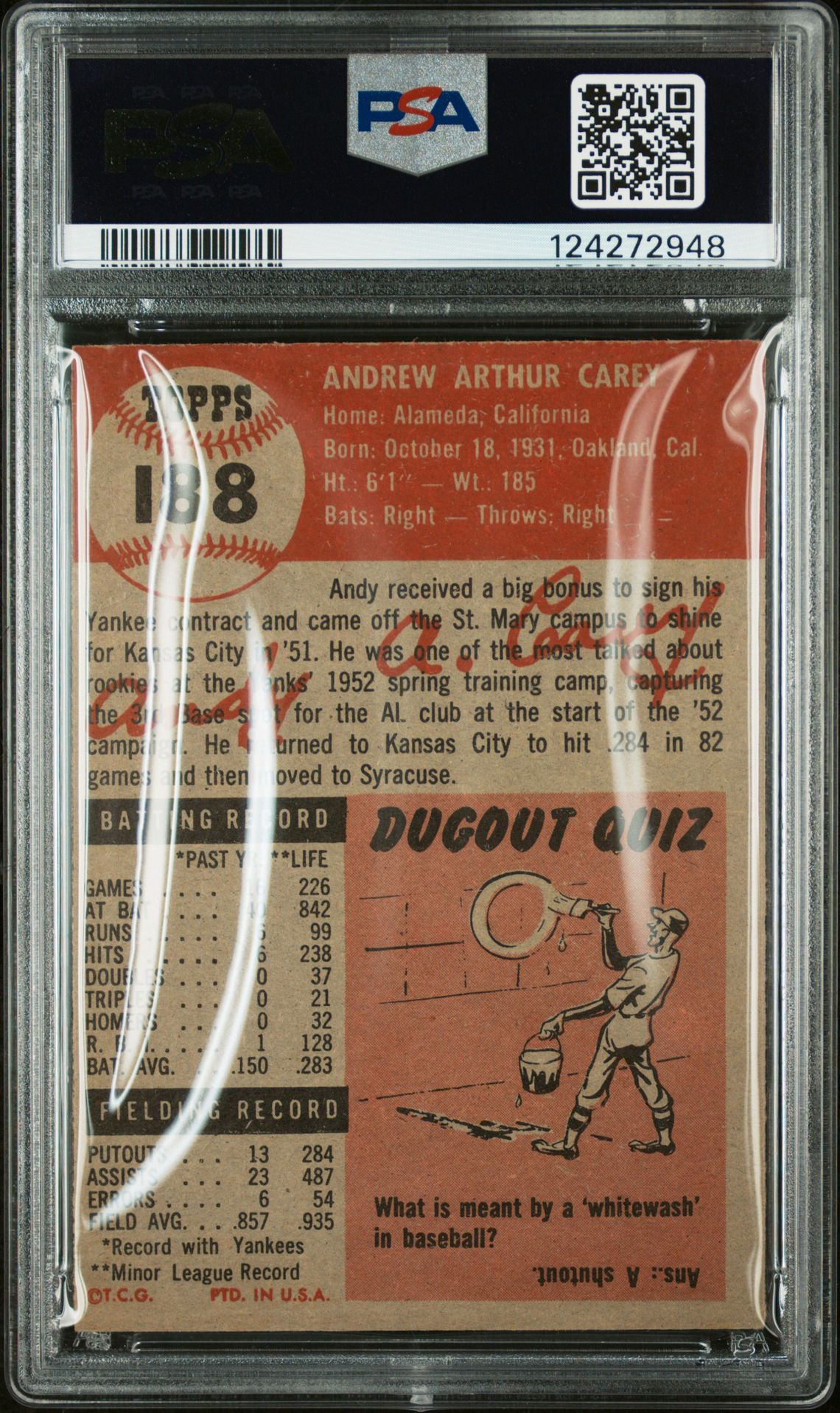 1953 Topps Andy Carey #188 Ex 5 back