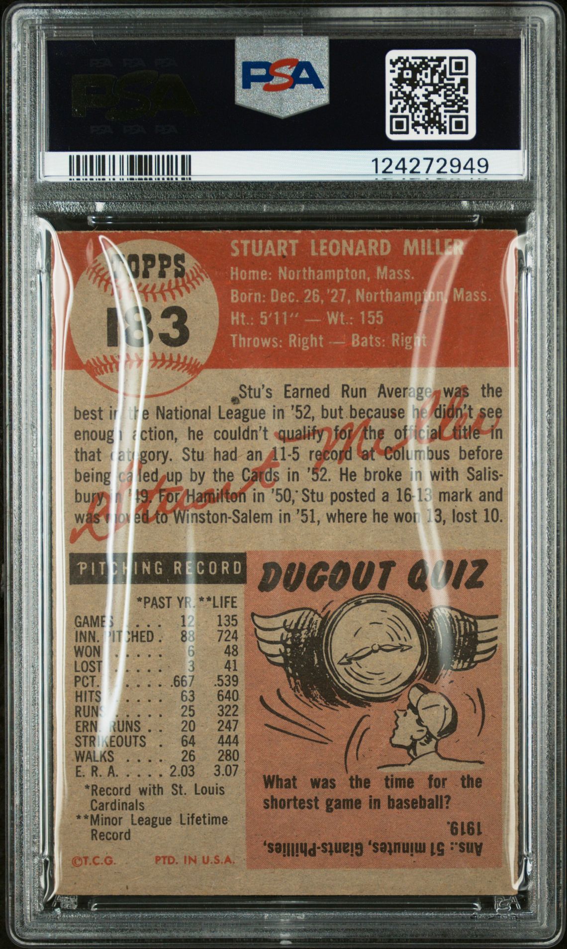 1953 Topps Stu Miller #183 Vg-Ex+ 4.5 back