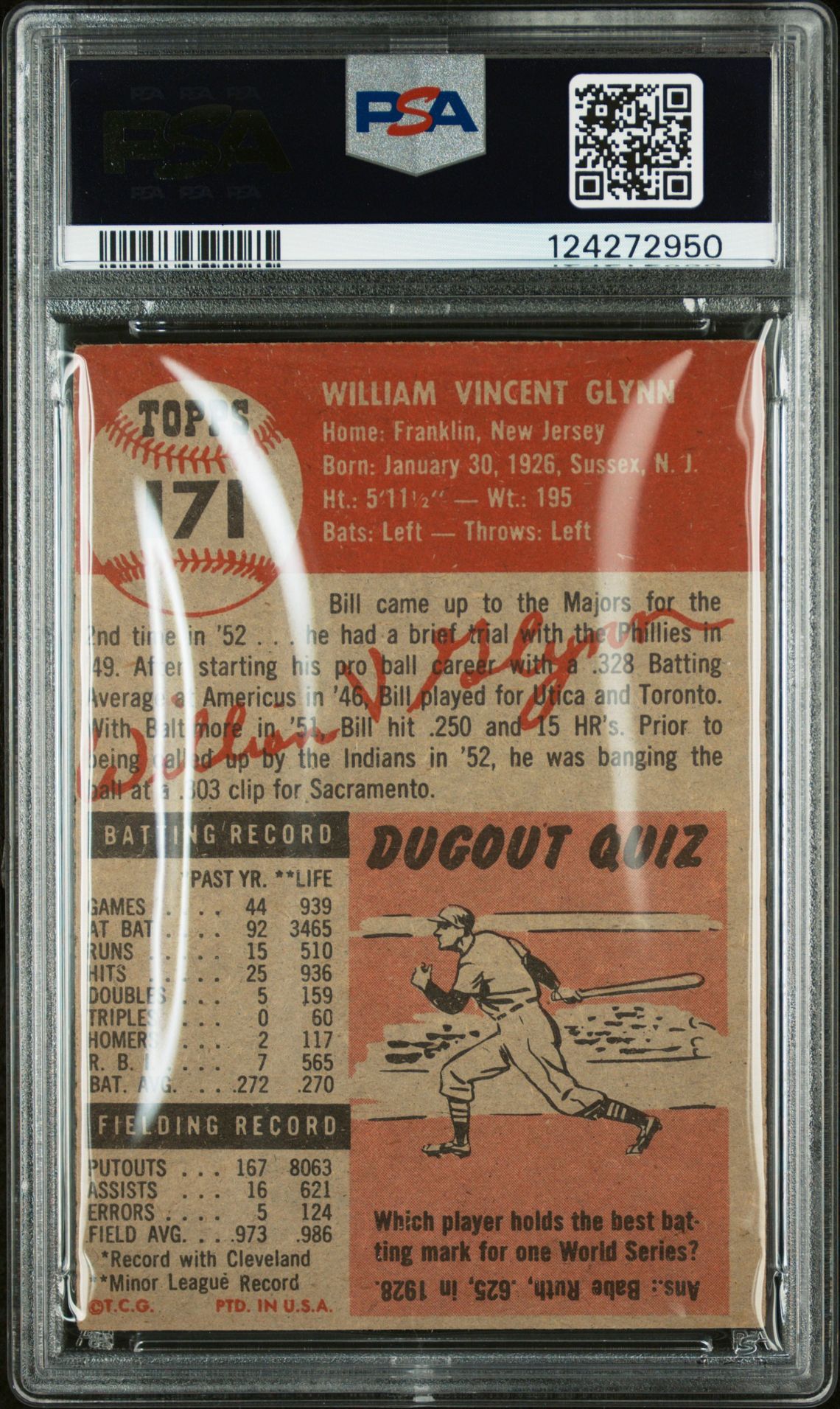 1953 Topps Bill Glynn #171 Vg-Ex 4 back