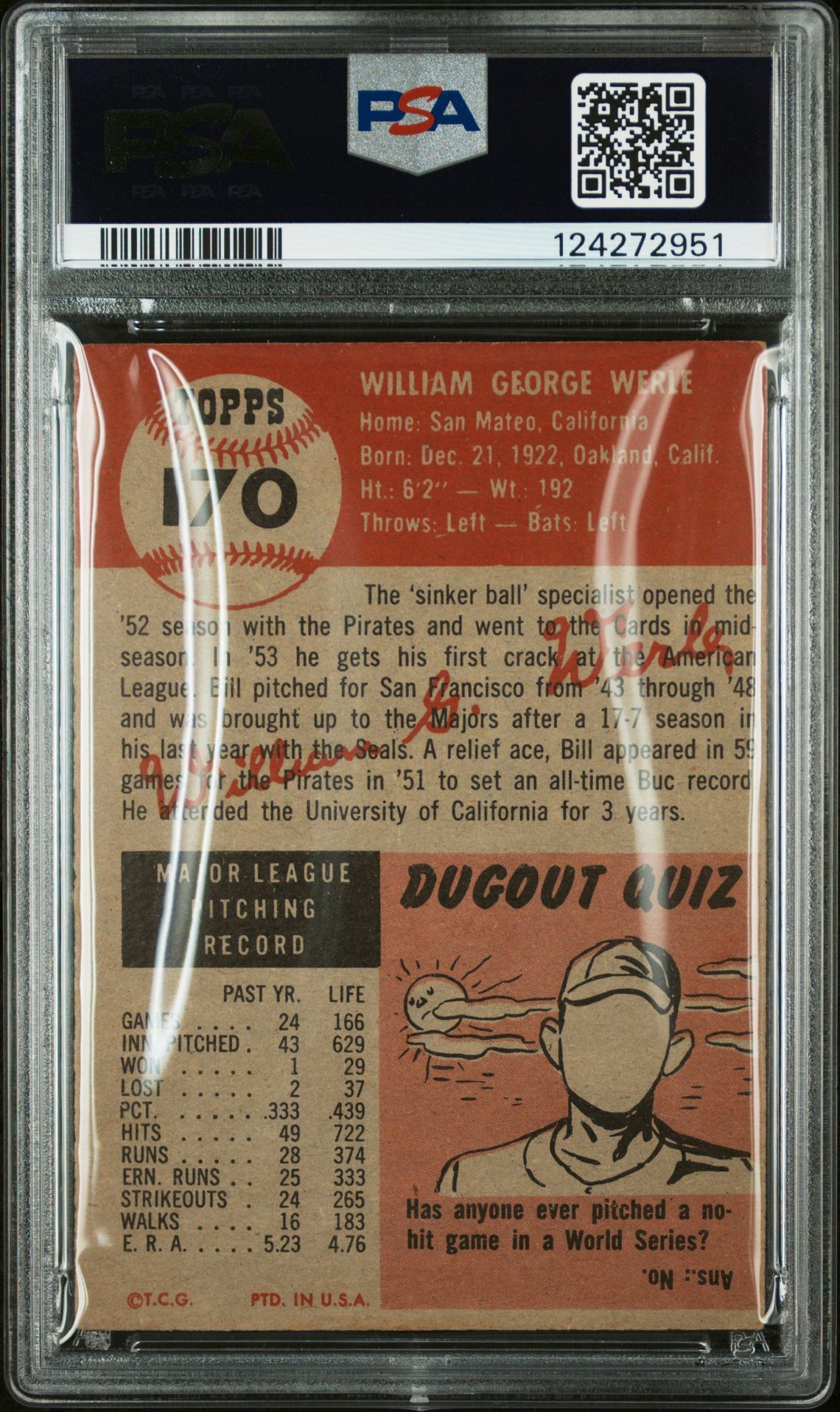 1953 Topps Bill Werle #170 Vg+ 3.5 back