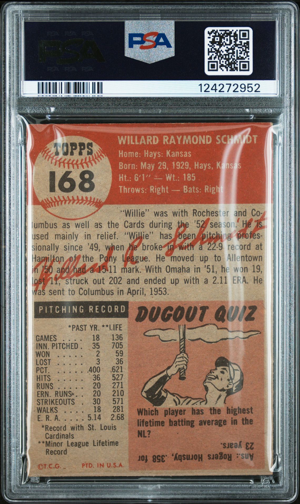 1953 Topps Willard Schmidt #168 Vg-Ex 4 back