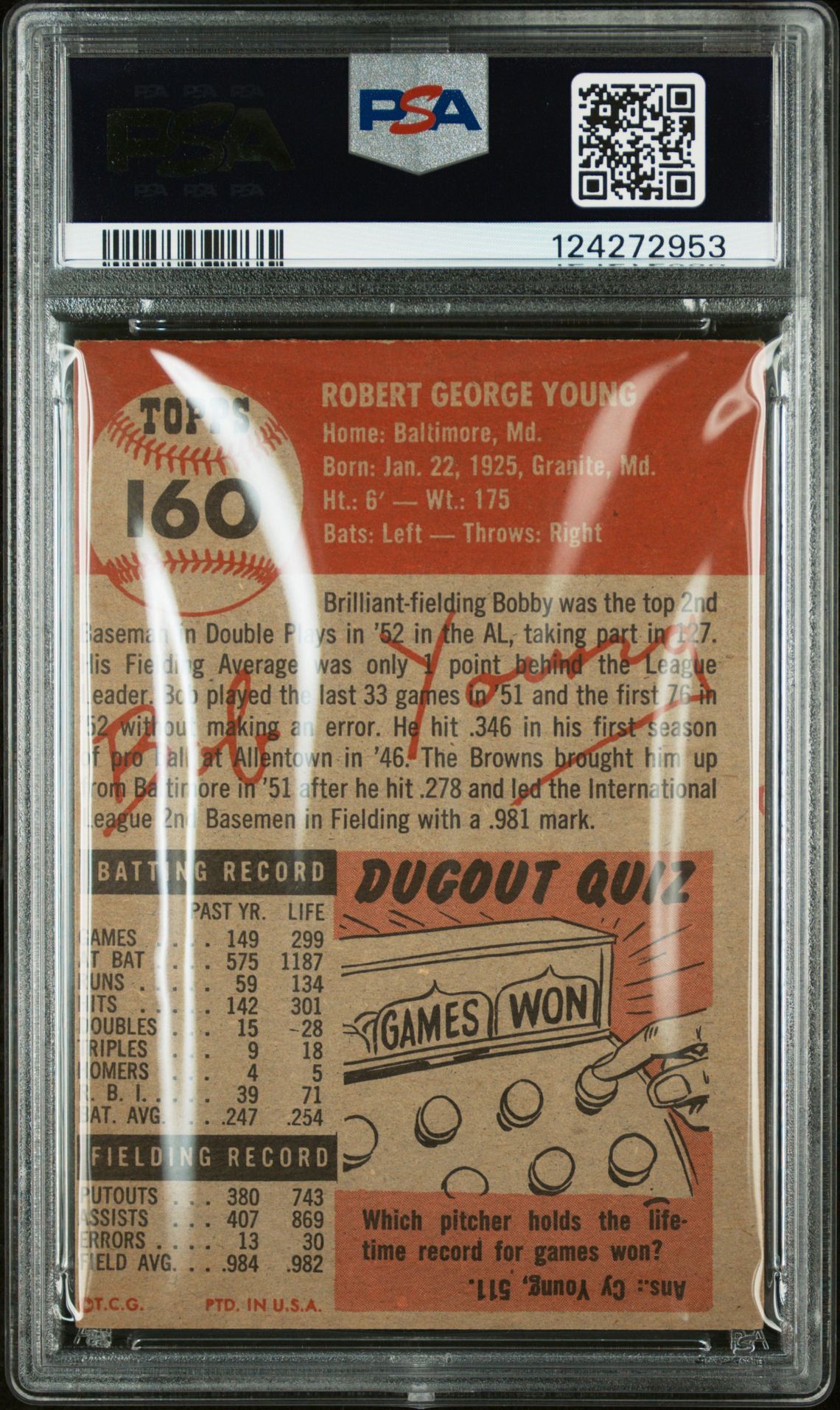 1953 Topps Bob Young #160 Vg-Ex 4 back