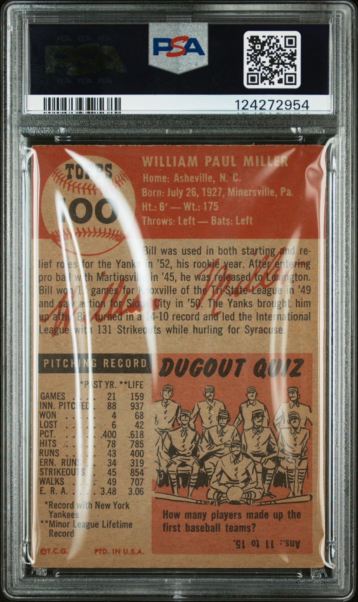 1953 Topps Bill Miller #100 Vg 3 back