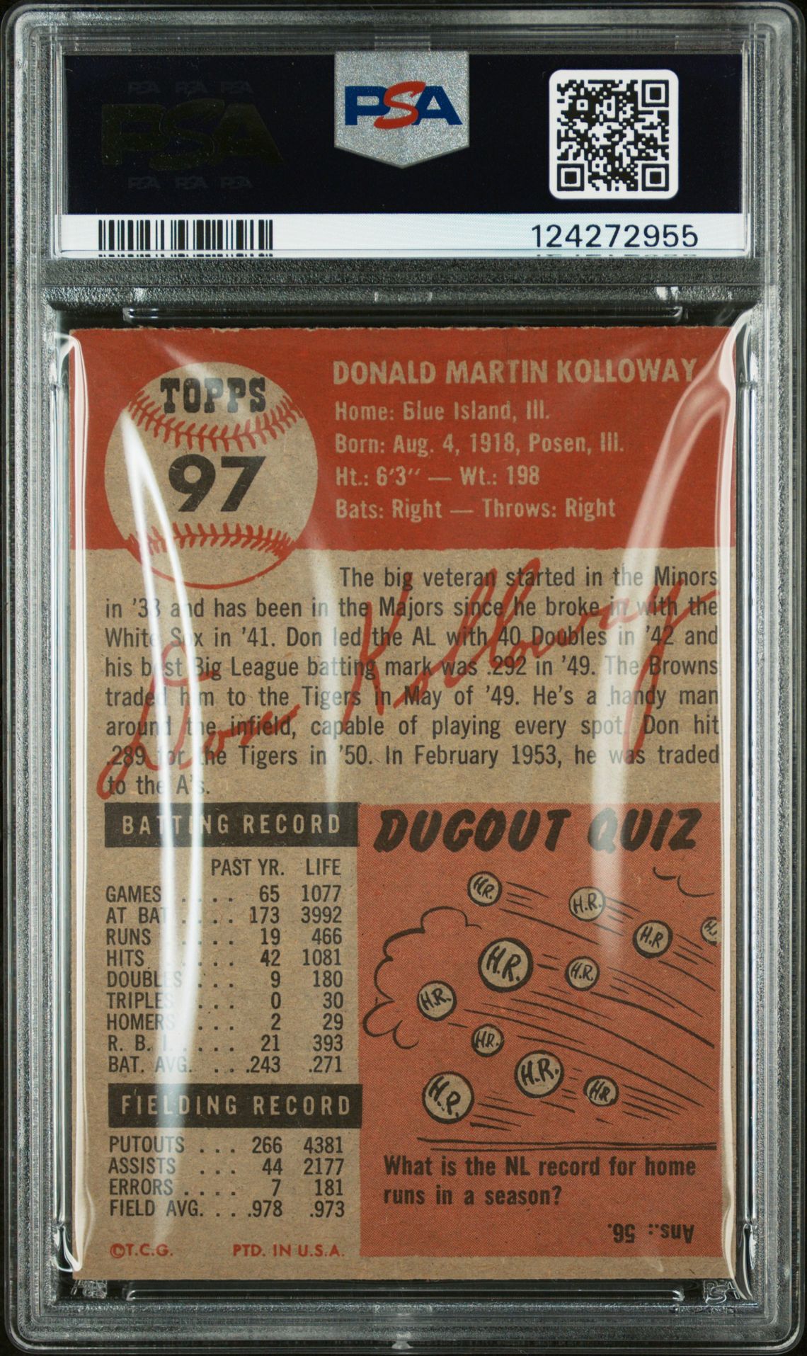 1953 Topps Don Kolloway #97 Ex 5 back