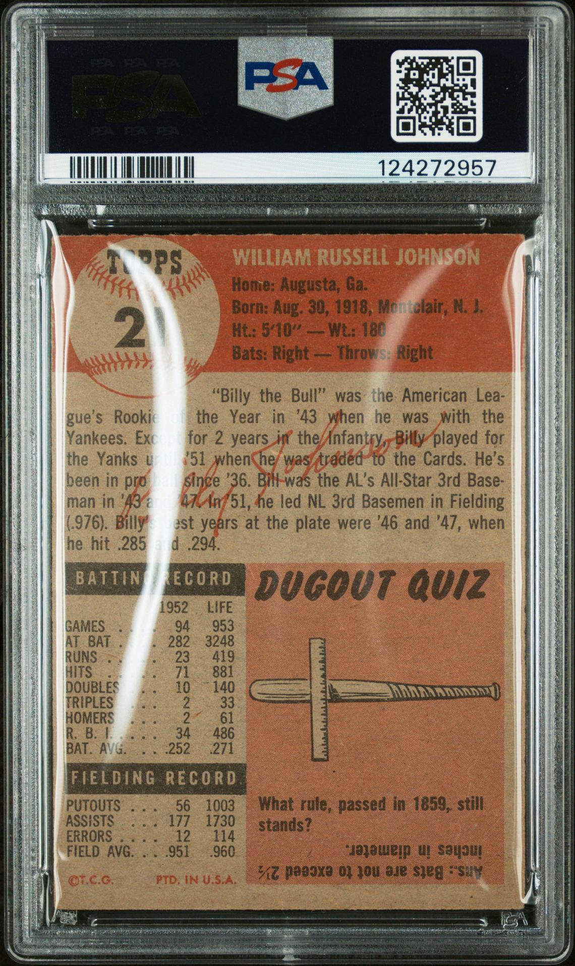 1953 Topps Billy Johnson #21 Vg 3 back