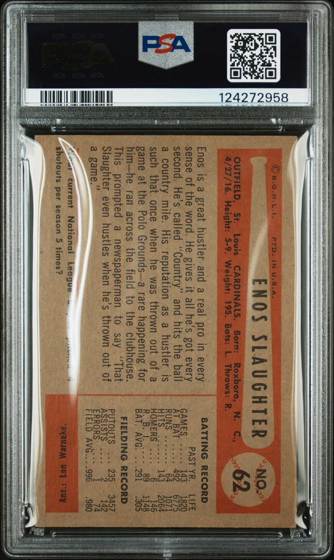 1954 Bowman Enos Slaughter #62 Ex-Mt 6 back
