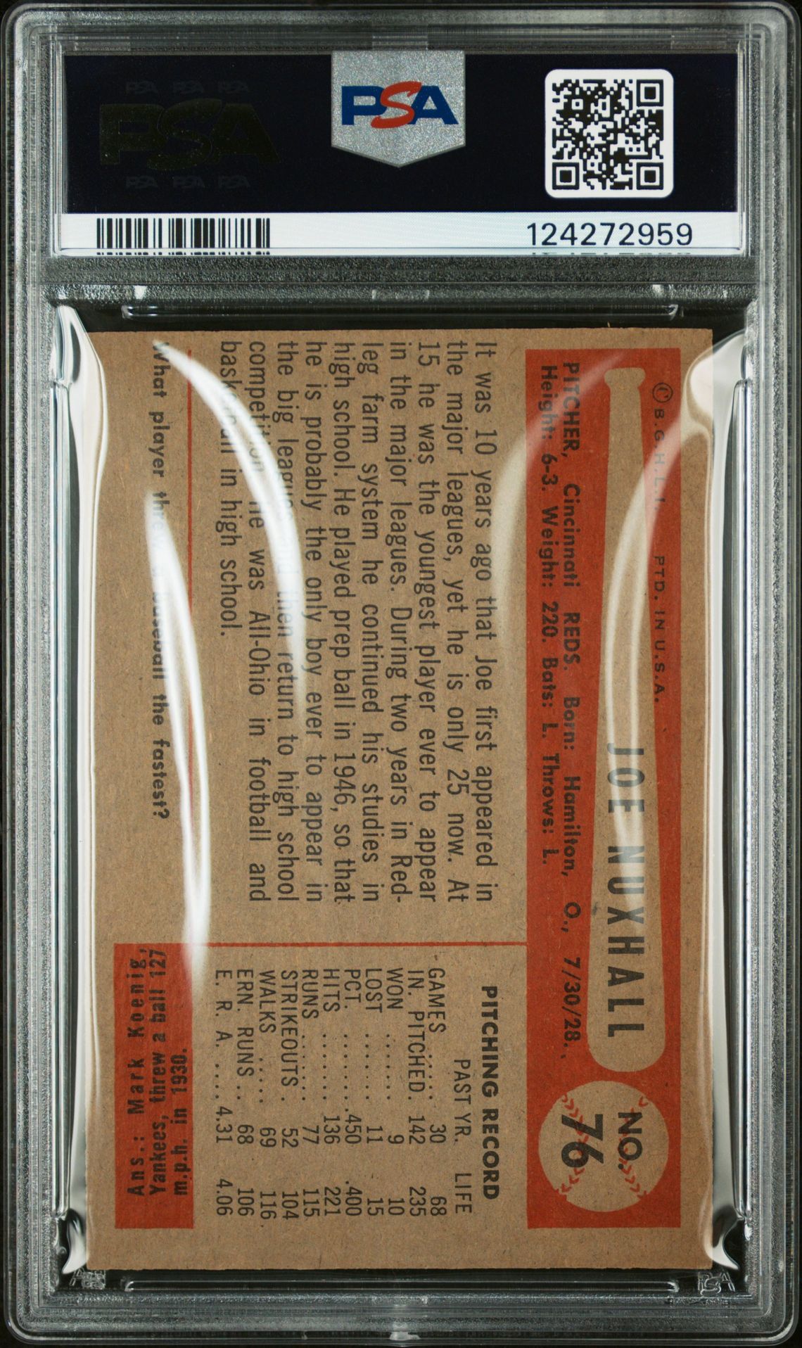 1954 Bowman Joe Nuxhall #76 Nm+ 7.5 back