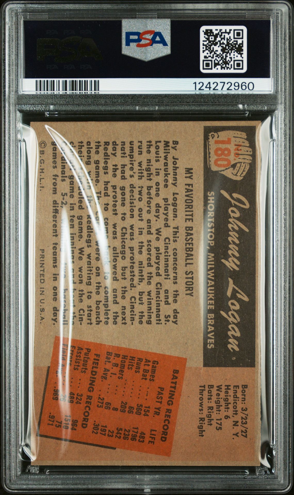 1955 Bowman Johnny Logan #180 Ex-Mt 6 back