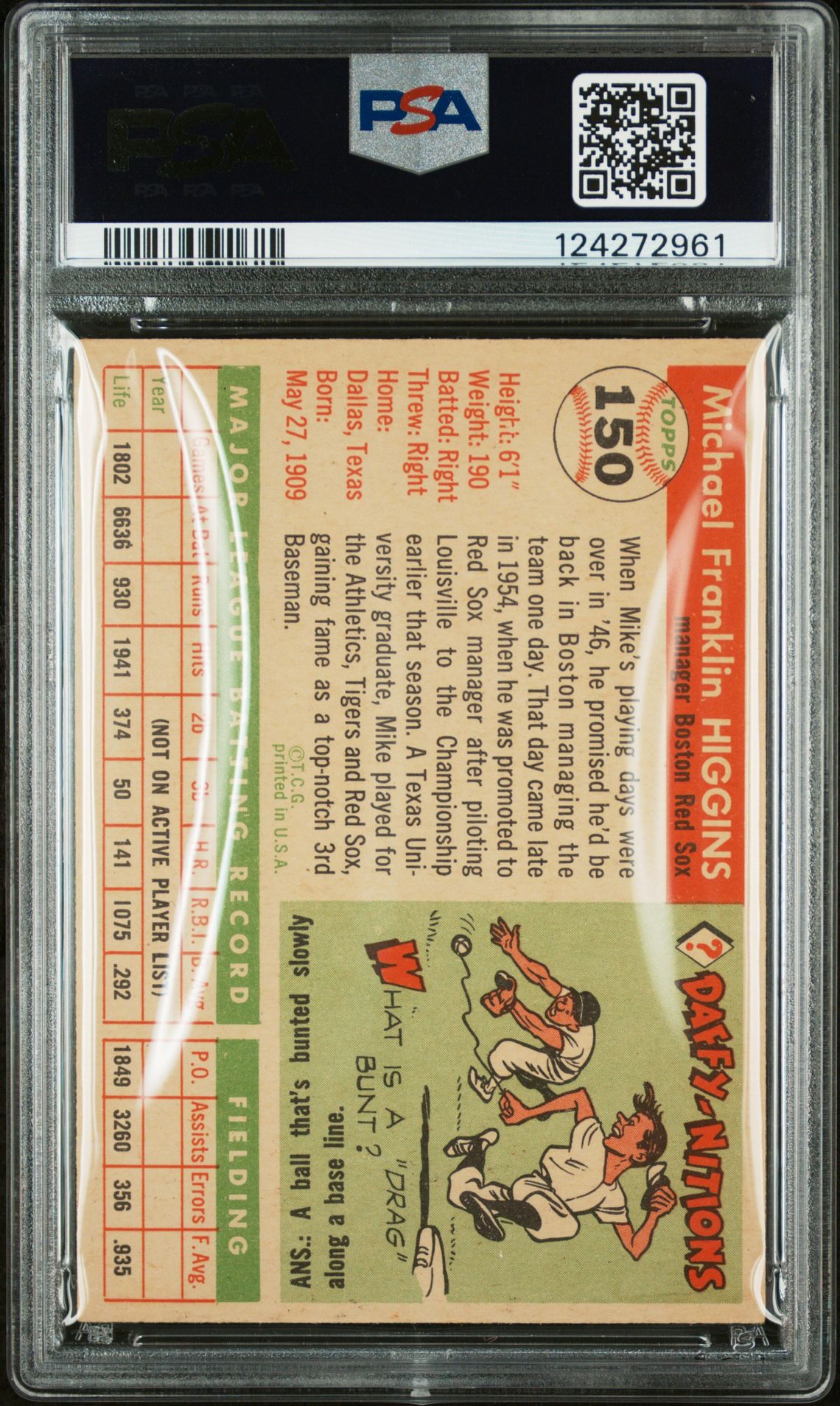 1955 Topps Mike Higgins #150 Ex 5 back