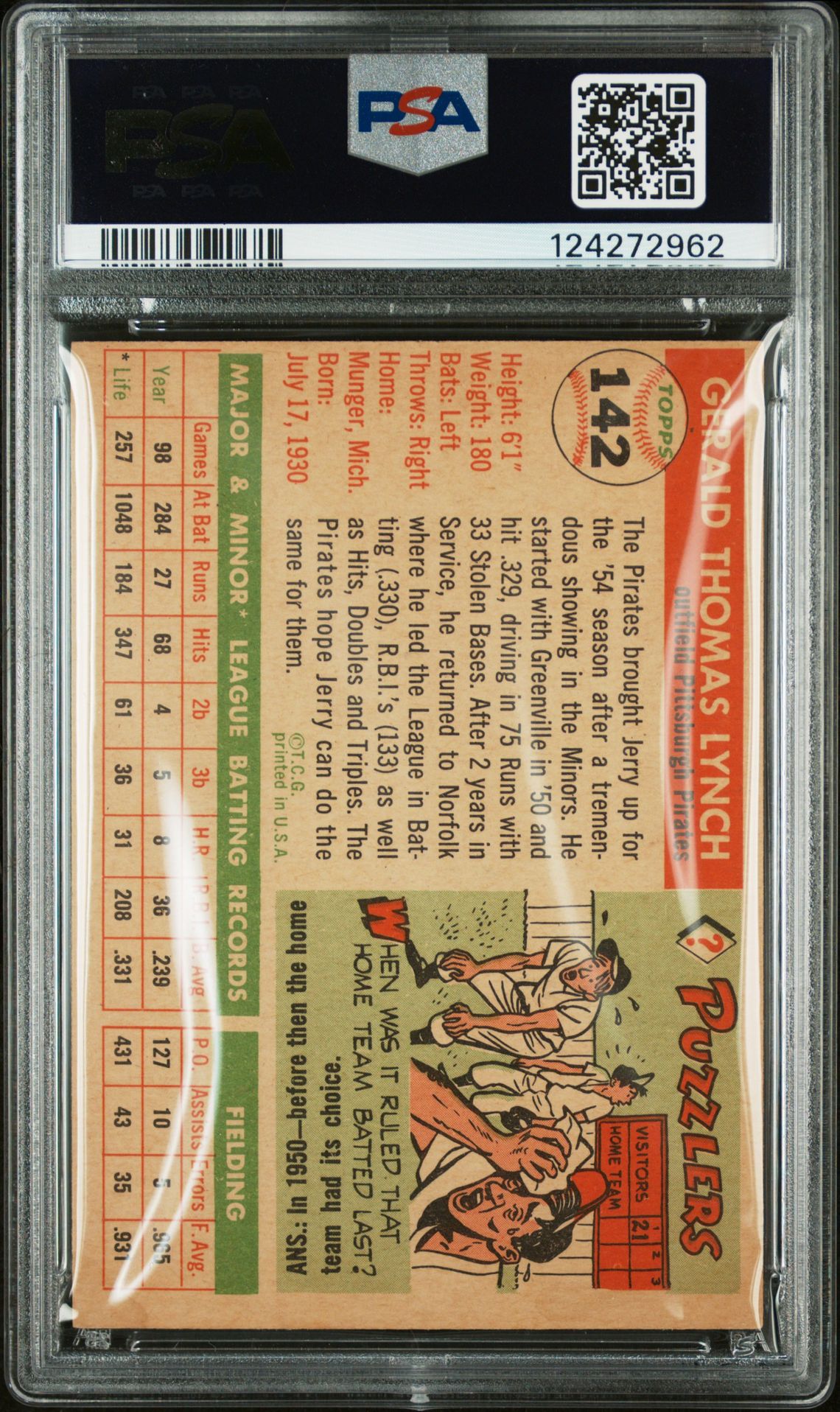 1955 Topps Jerry Lynch #142 Ex-Mt 6 back