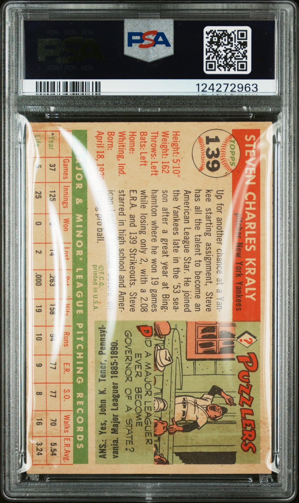 1955 Topps Steve Kraly #139 Ex 5 back
