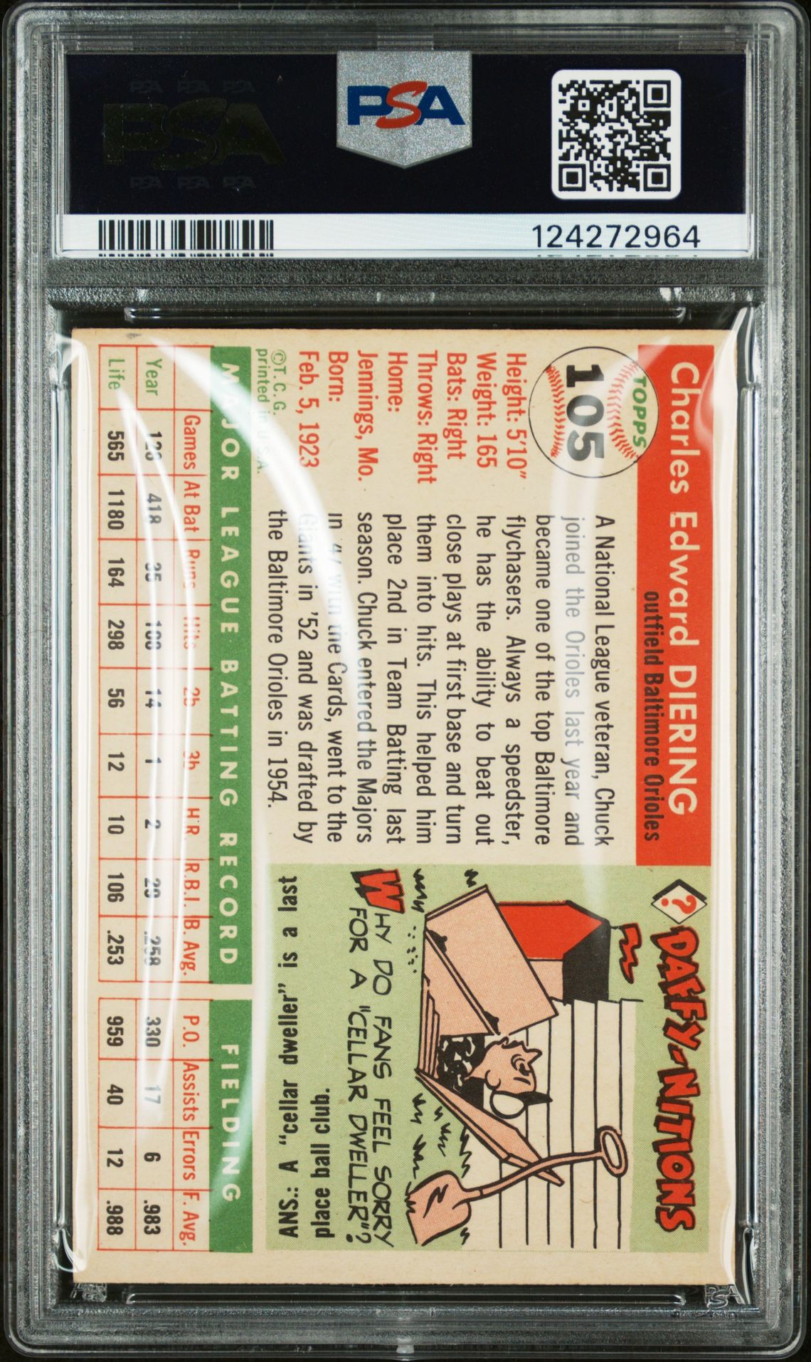 1955 Topps Chuck Diering #105 Ex 5 back