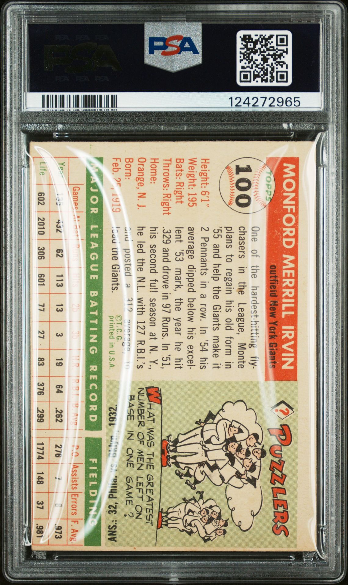 1955 Topps Monte Irvin #100 Vg-Ex 4 (Mc) back