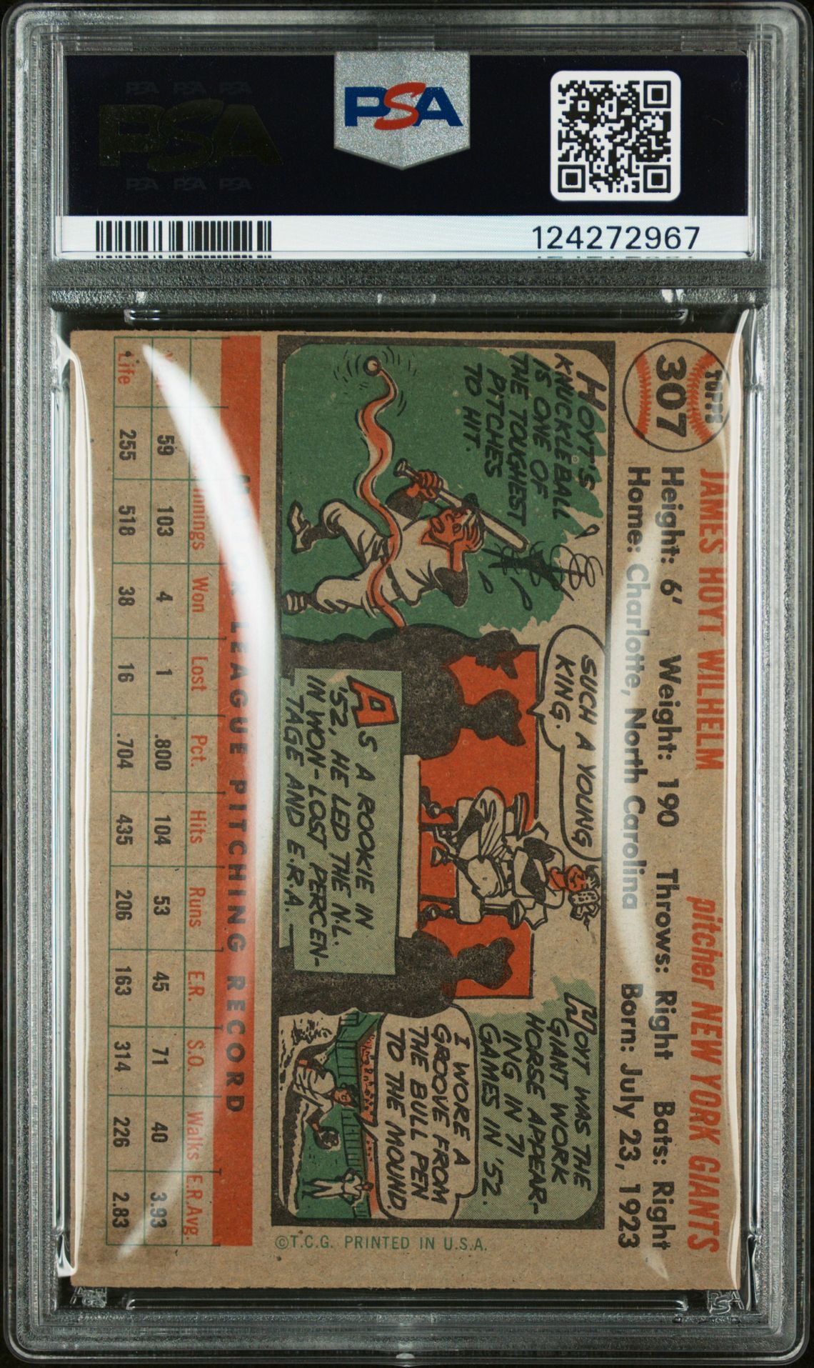 1956 Topps Hoyt Wilhelm #307 Vg-Ex 4 back