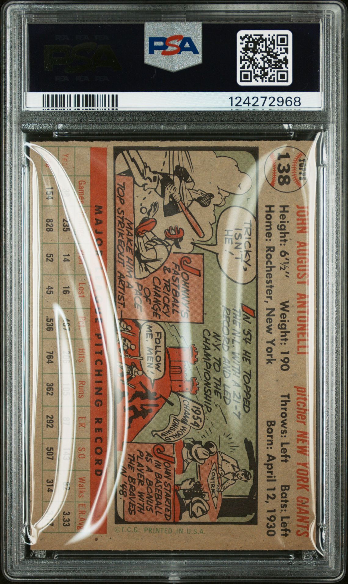 1956 Topps Johnny Antonelli #138 (Gray Back) Ex-Mt 6 back