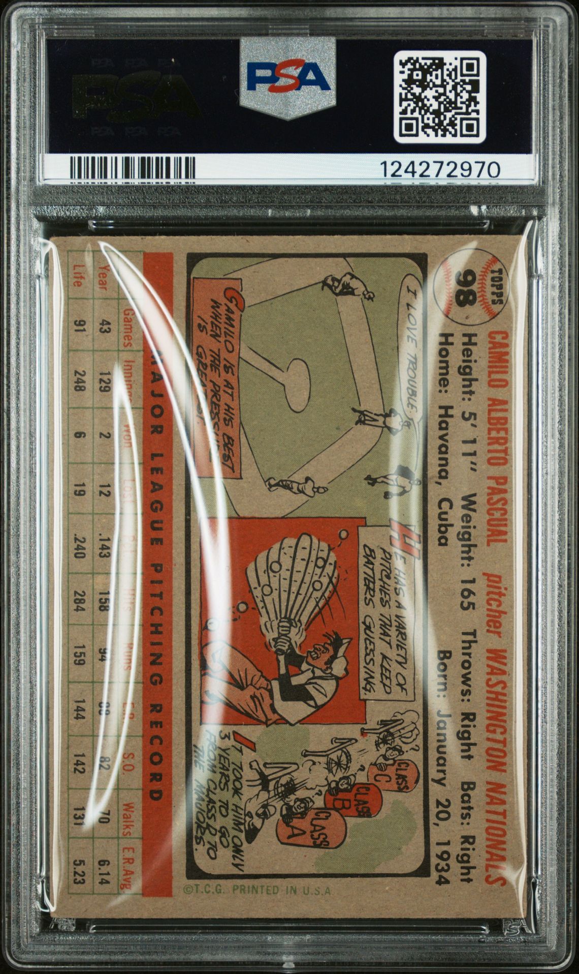 1956 Topps Camilo Pascual #98 (Gray Back) Vg-Ex+ 4.5 back