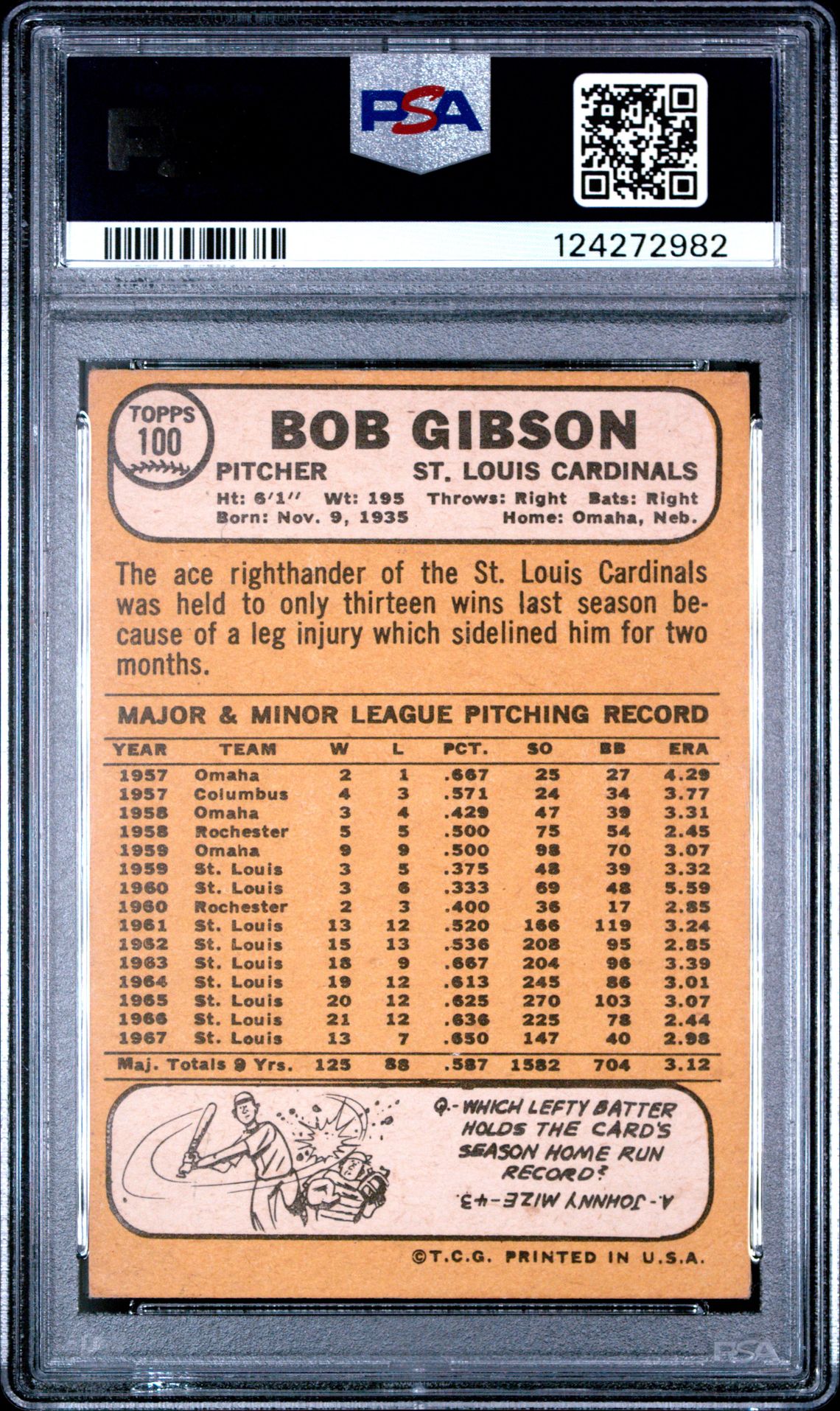 1968 Topps Bob Gibson #100 Vg-Ex 4 back