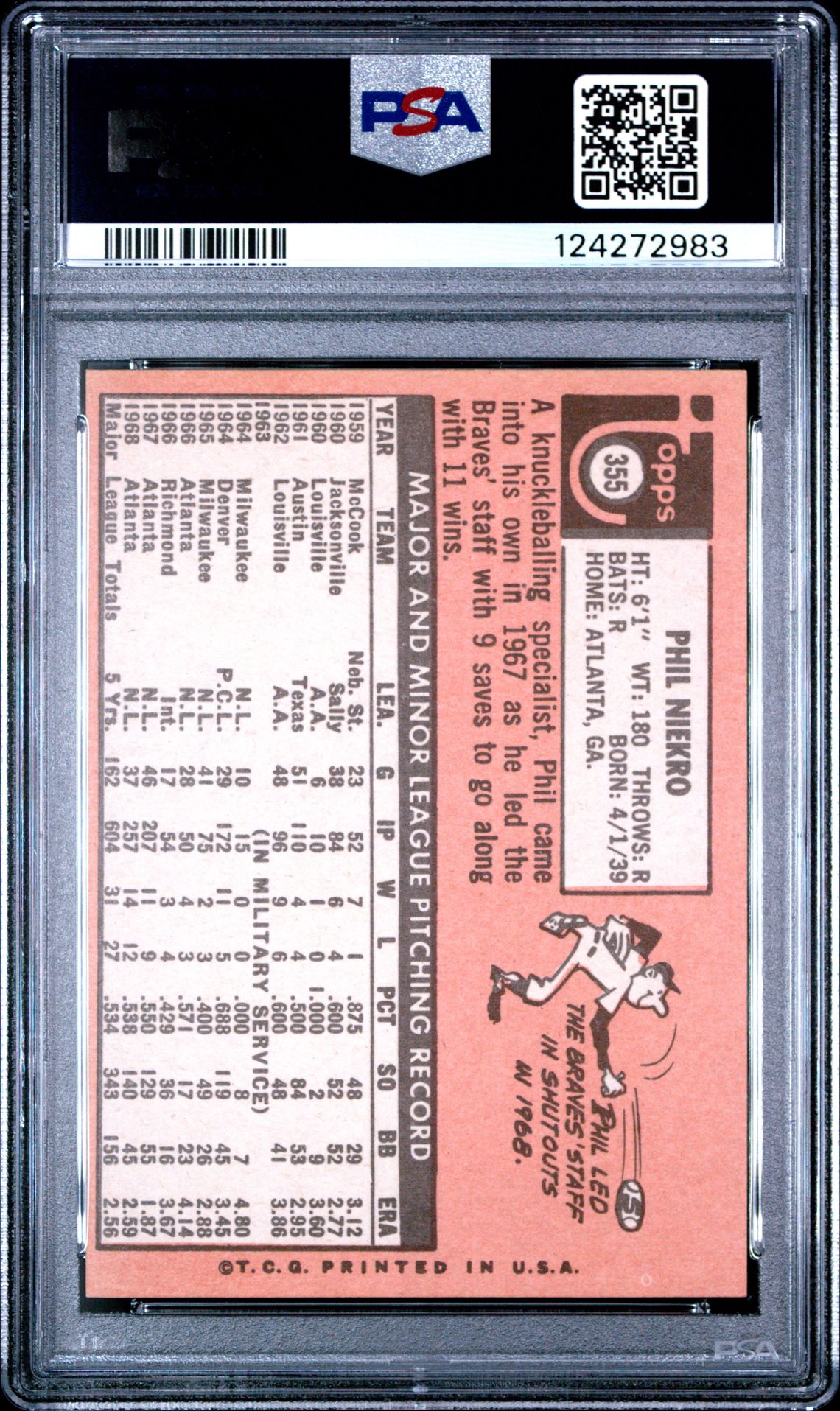 1969 Topps Phil Niekro #355 Mint 9 (Oc) back