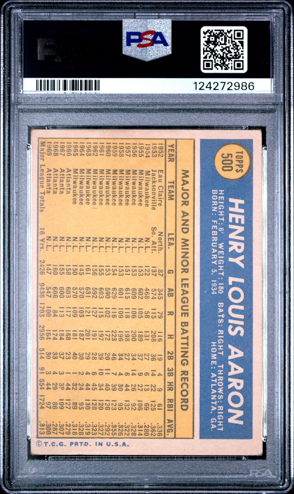 1970 Topps Hank Aaron #500 Good+ 2.5 back