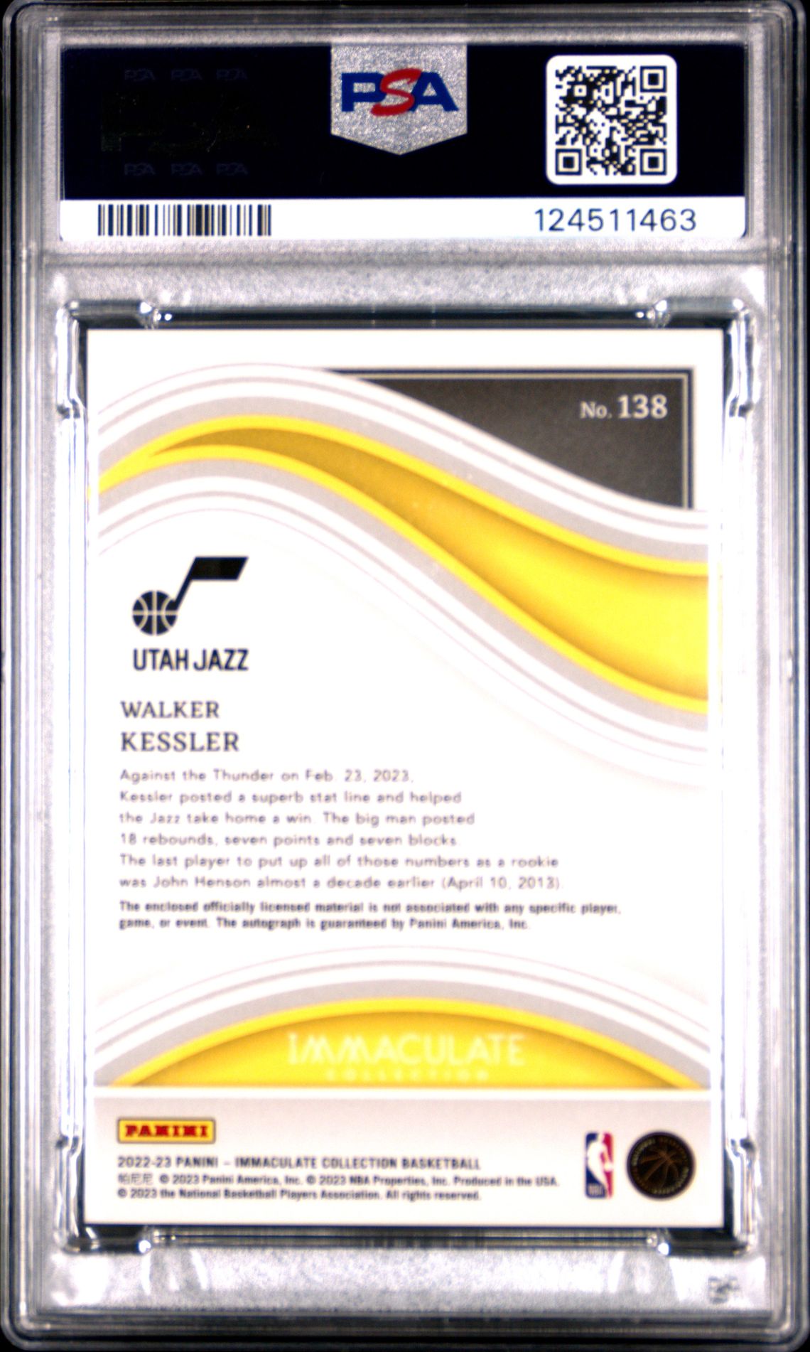 2022 Panini Immaculate Collection Walker Kessler #138 (Patch Autograph) Mint 9 back