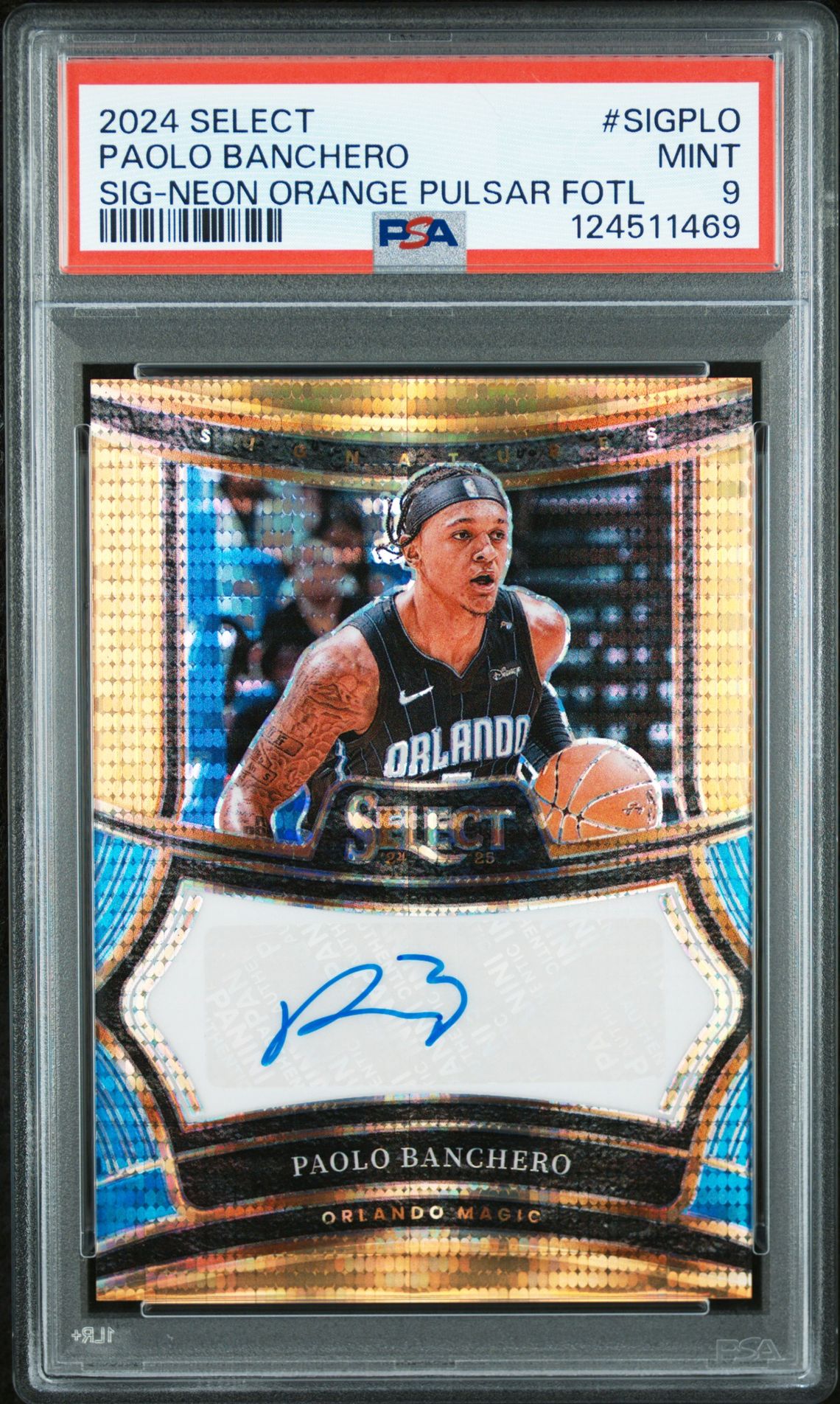 2024 Panini Select Signatures Paolo Banchero #Sigplo (Sig-Neon Orange Pulsar Fotl) Mint 9 front