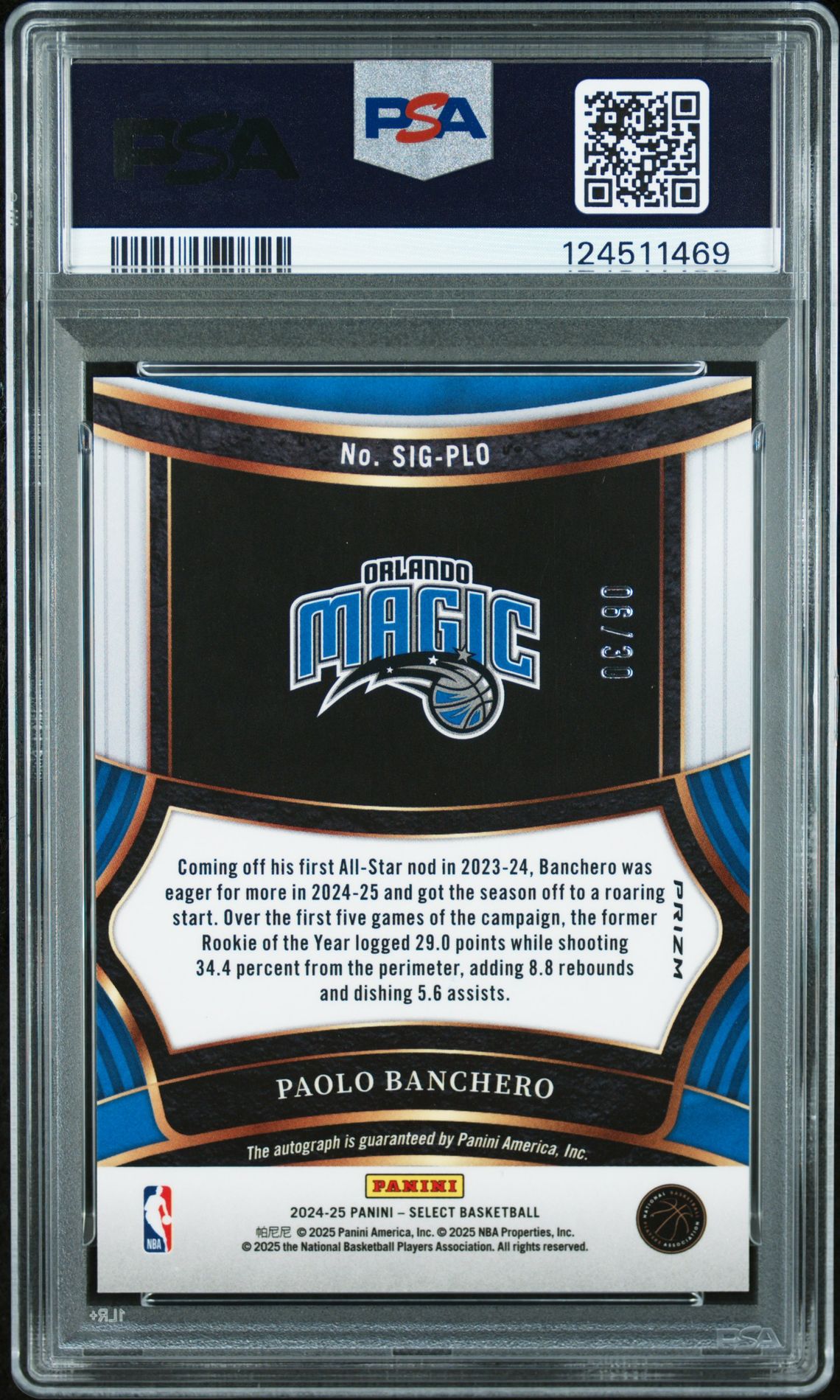 2024 Panini Select Signatures Paolo Banchero #Sigplo (Sig-Neon Orange Pulsar Fotl) Mint 9 back