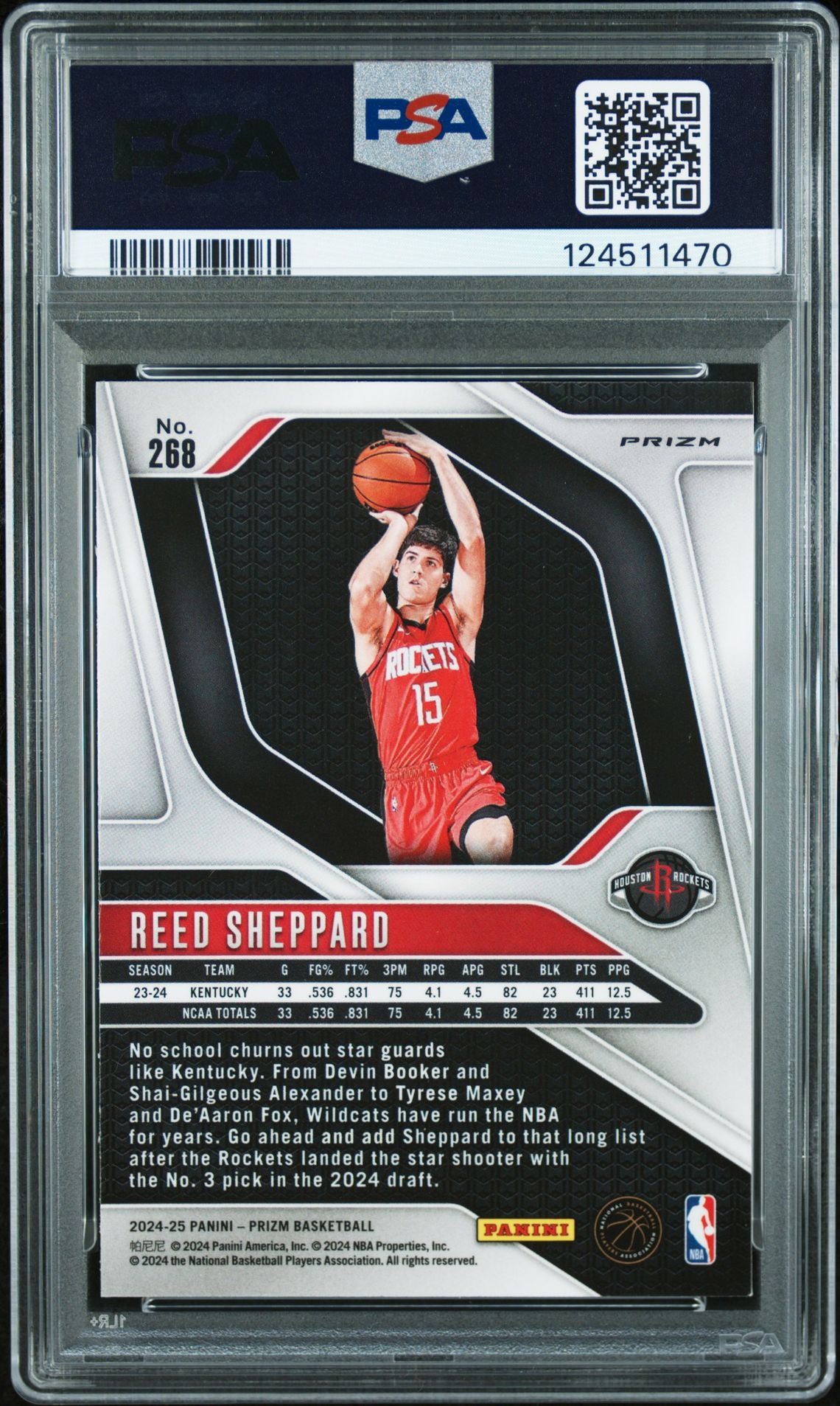 2024 Panini Prizm Reed Sheppard #268 (Silver Prizm) Mint 9 back