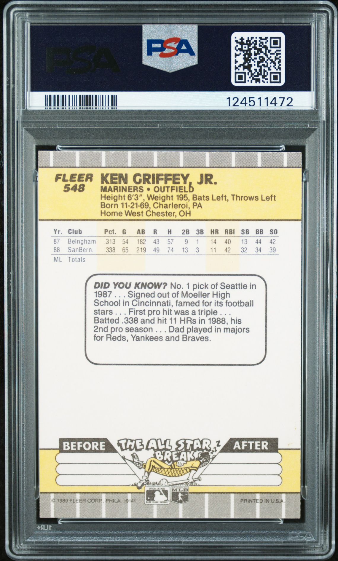 1989 Fleer Ken Griffey Jr. #548 Nm-Mt 8 back