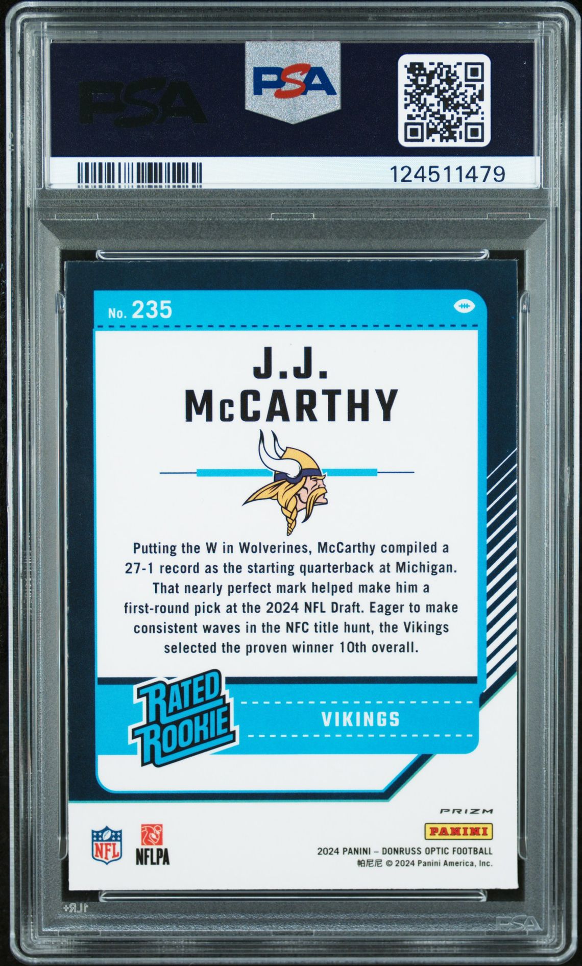 2024 Panini Donruss Optic Jj Mccarthy #235 (Purple Shock) Gem Mt 10 back view - PSA certificate #124511479