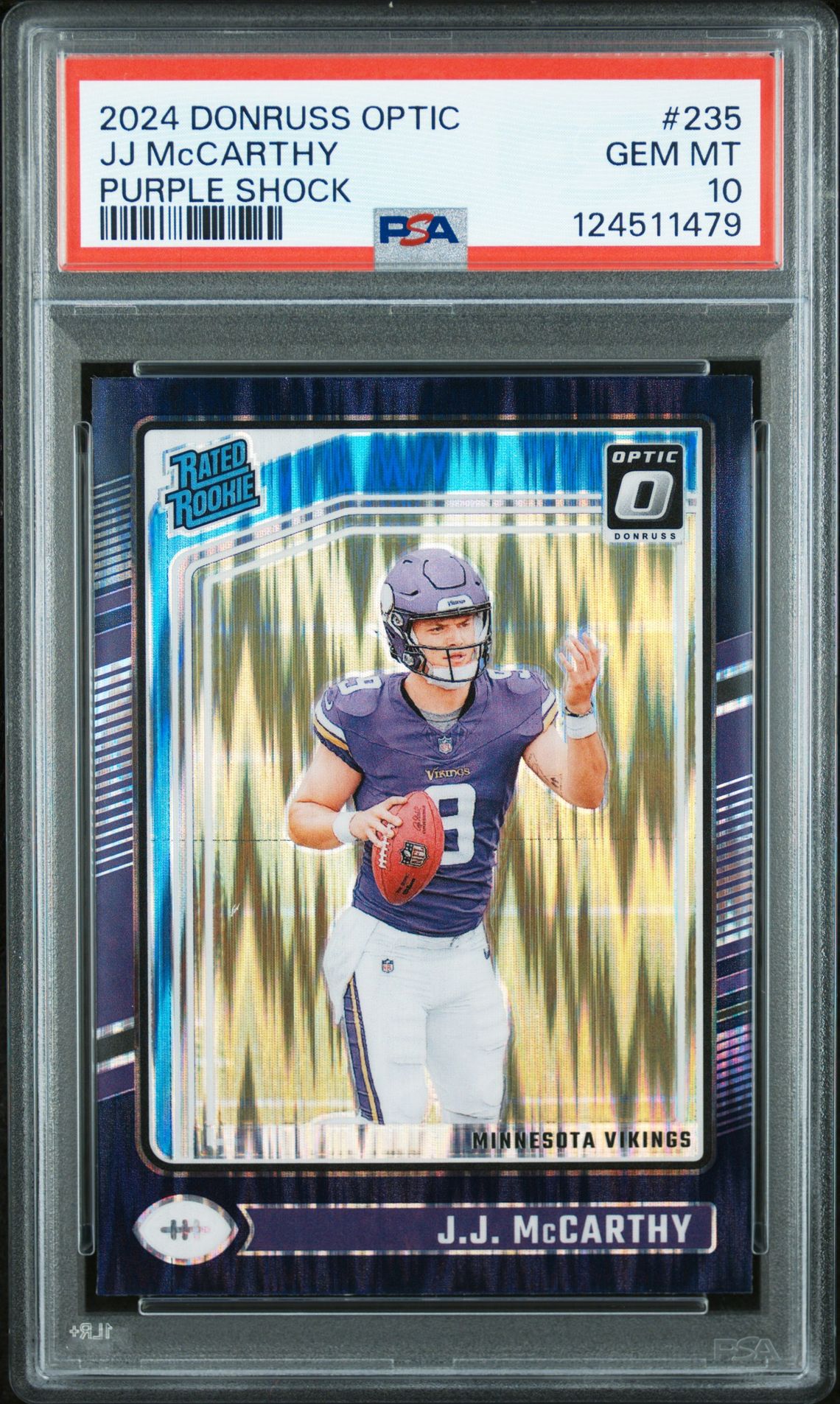 2024 Panini Donruss Optic Jj Mccarthy #235 (Purple Shock) Gem Mt 10 front view - PSA graded GEM MT 10