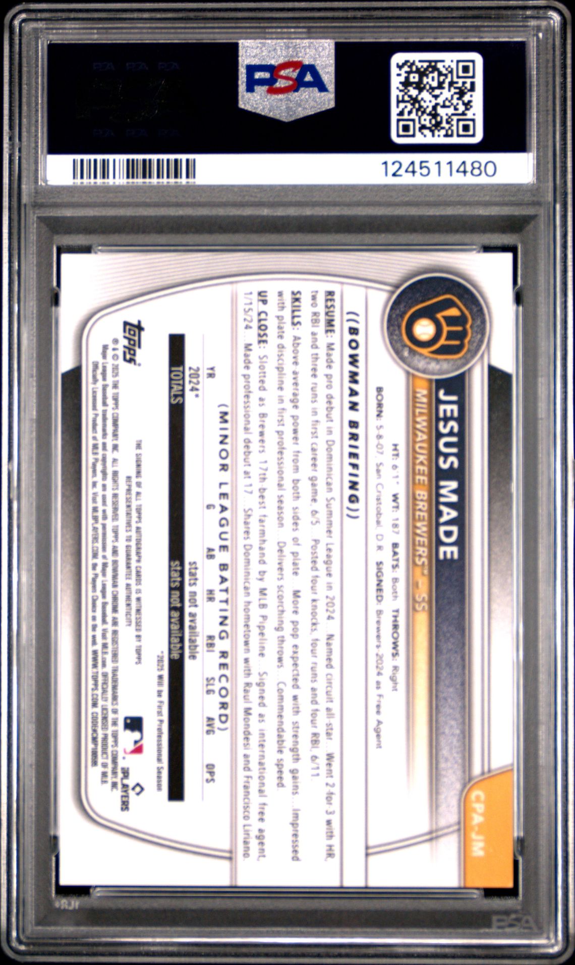 2025 Bowman Chrome Prospect Autographs Jesus Made #Cpajm Gem Mt 10 back