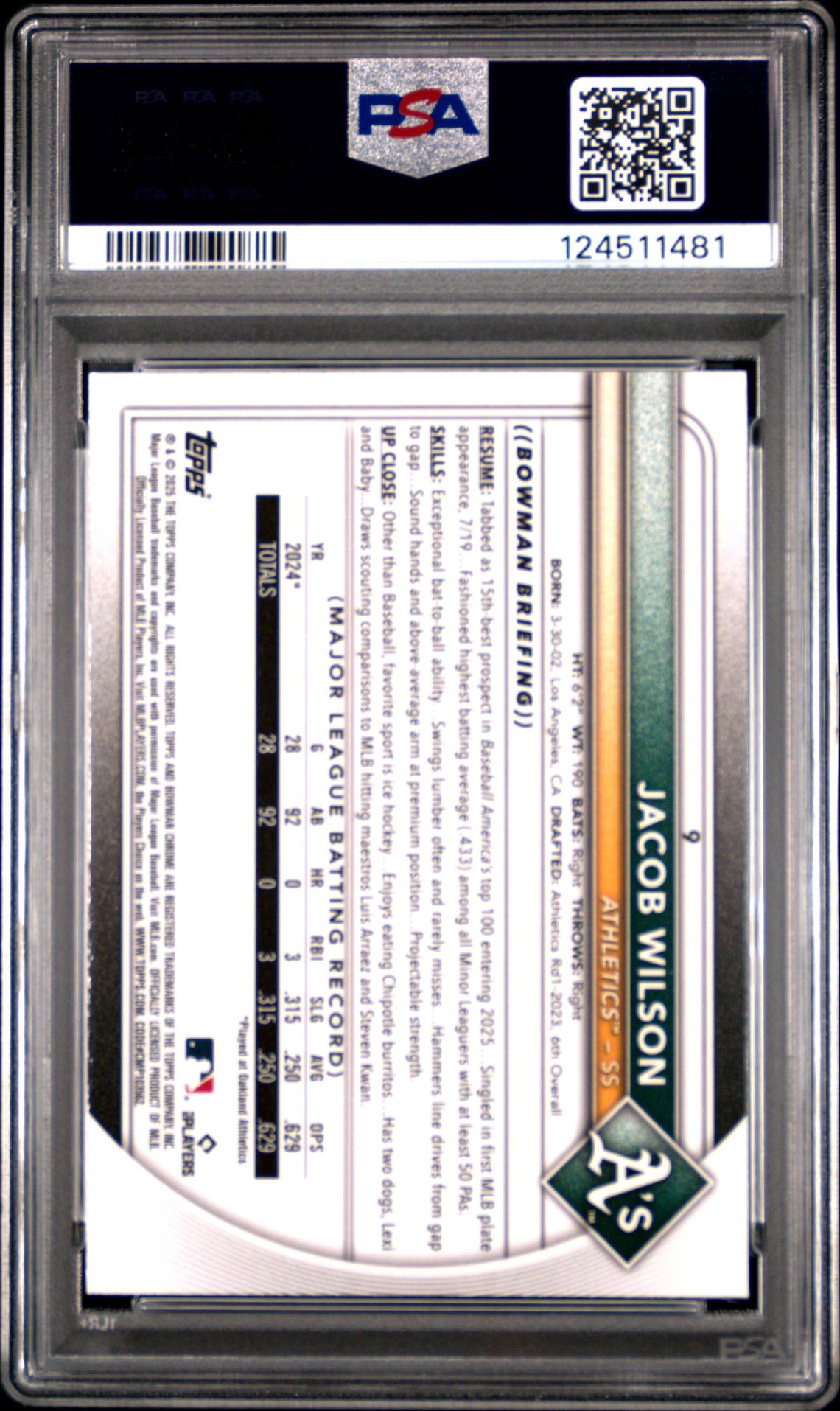 2025 Bowman Mega Box Chrome Jacob Wilson #9 (Green Refractor) Gem Mt 10 back