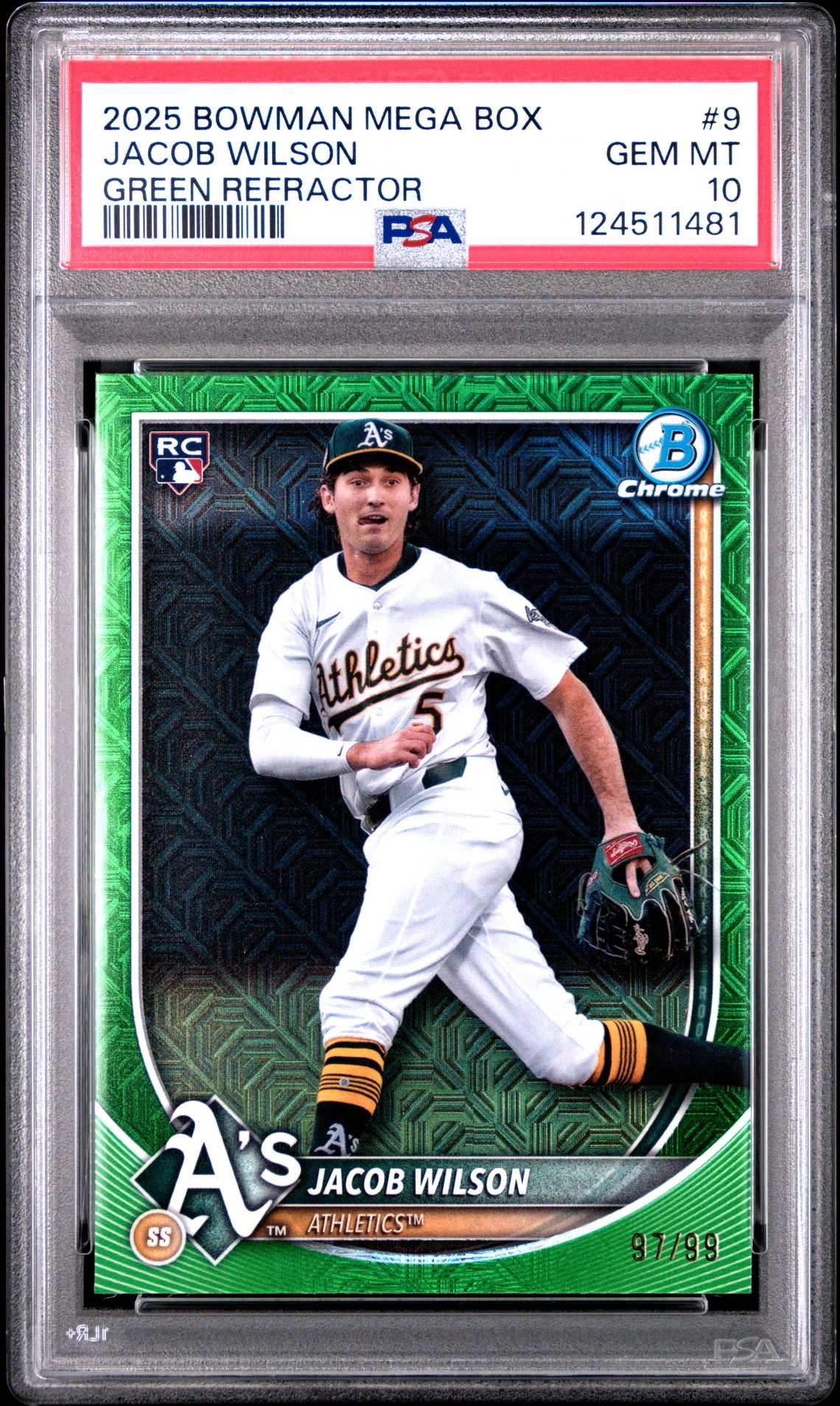 2025 Bowman Mega Box Chrome Jacob Wilson #9 (Green Refractor) Gem Mt 10 front
