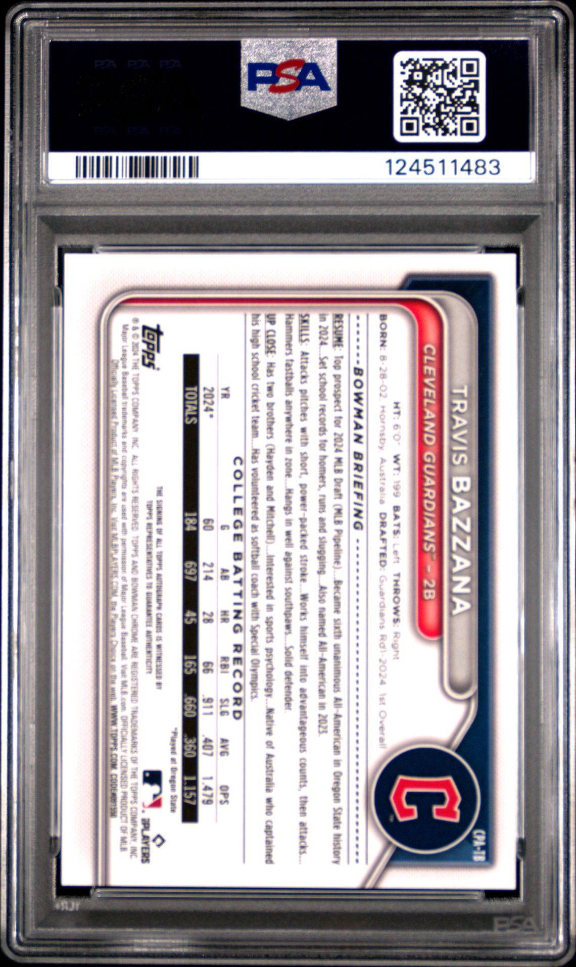 2024 Bowman Draft Chrome Prospect Autographs Travis Bazzana #Cpatb (Chrome Prospect Auto) Gem Mt 10 back