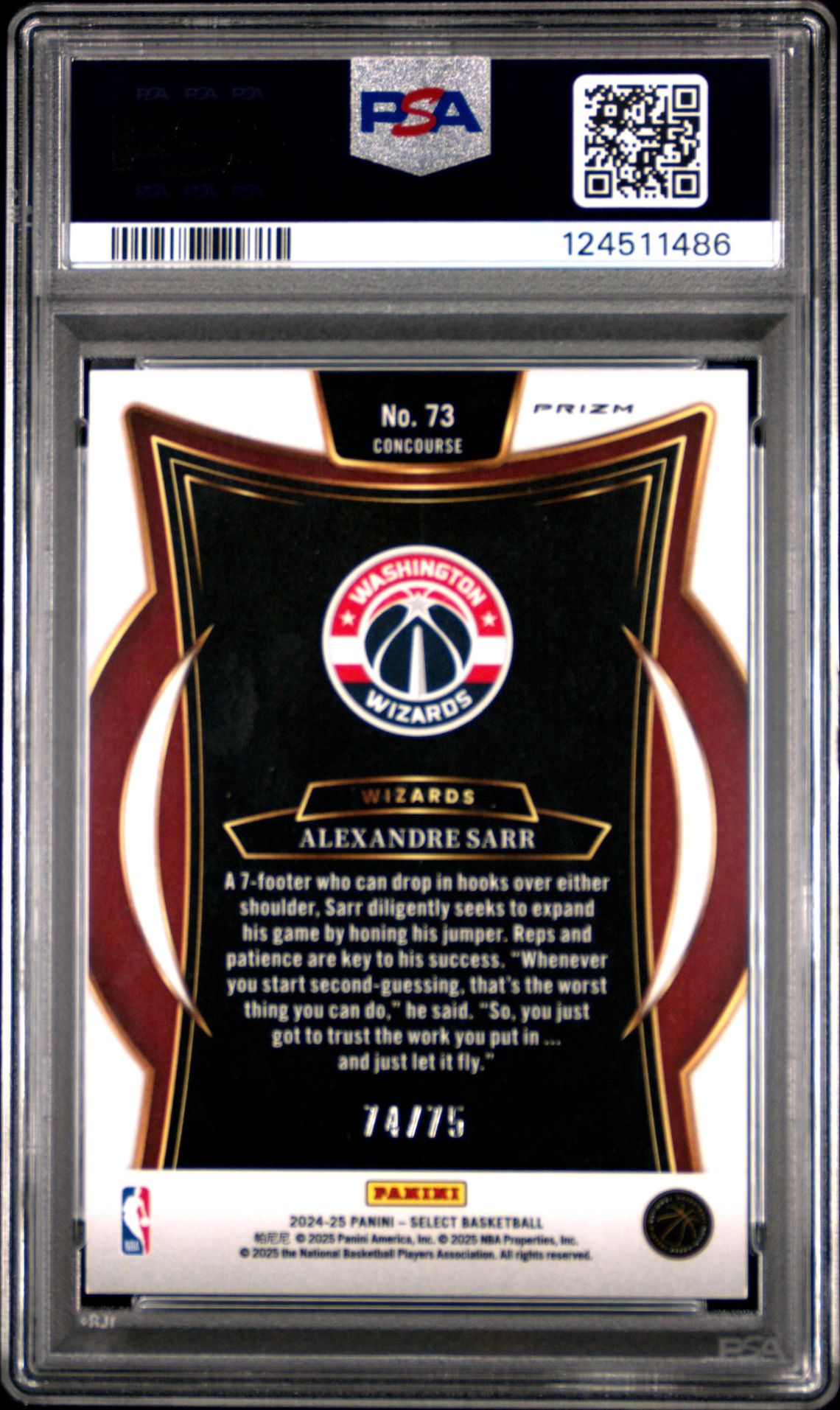 2024 Panini Select Alexandre Sarr #73 (White Disco) Gem Mt 10 back