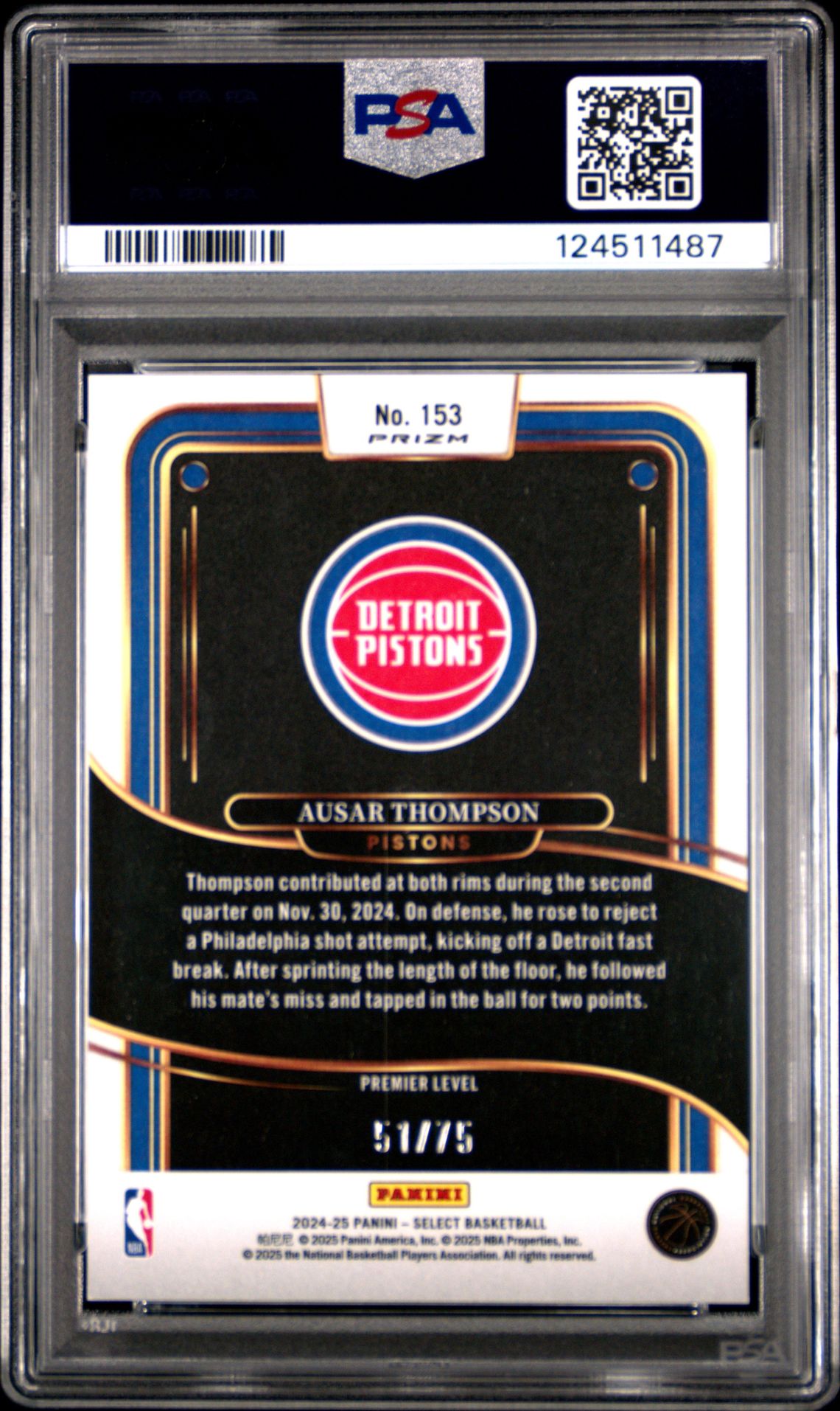 2024 Panini Select Ausar Thompson #153 (White Disco) Gem Mt 10 back