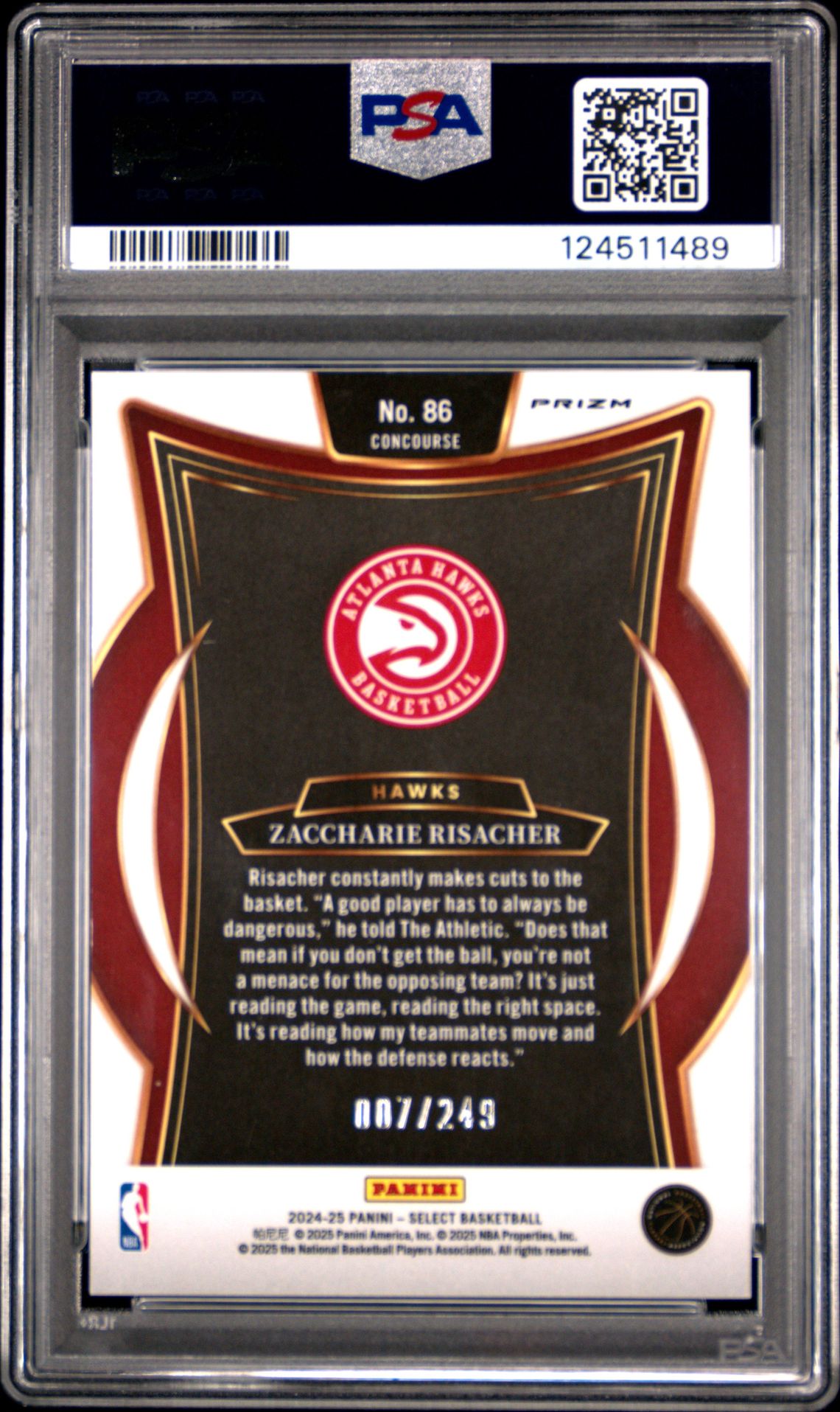 2024 Panini Select Zaccharie Risacher #86 (Blue Scope) Gem Mt 10 back