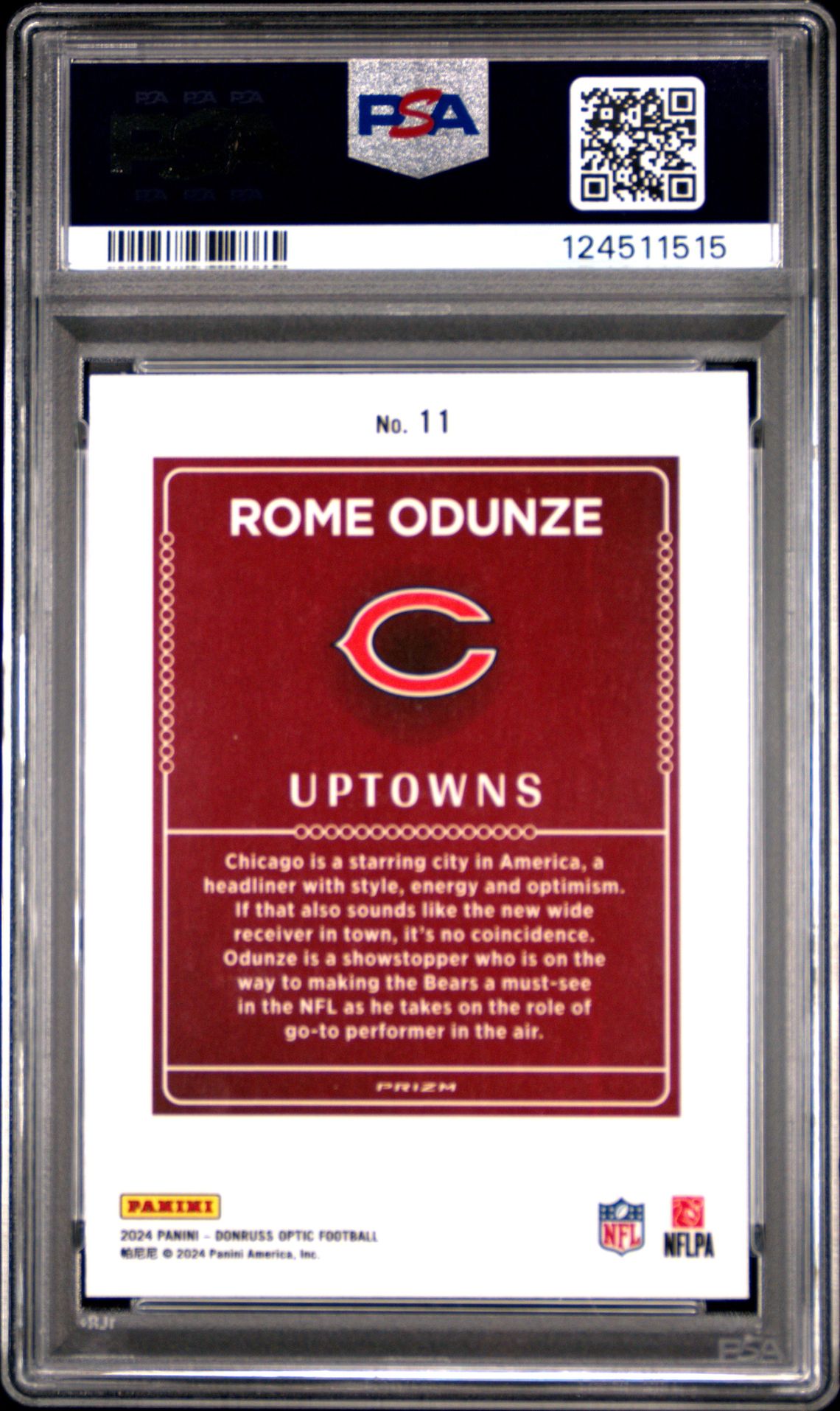 2024 Panini Donruss Optic Uptowns Rome Odunze #11 Gem Mt 10 back