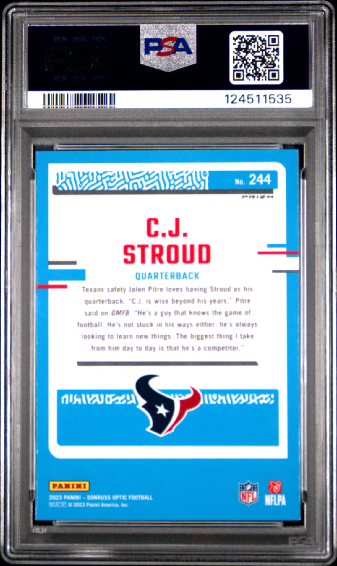 2023 Panini Donruss Optic Cj Stroud #244 (Blue Hyper) Mint 9 back