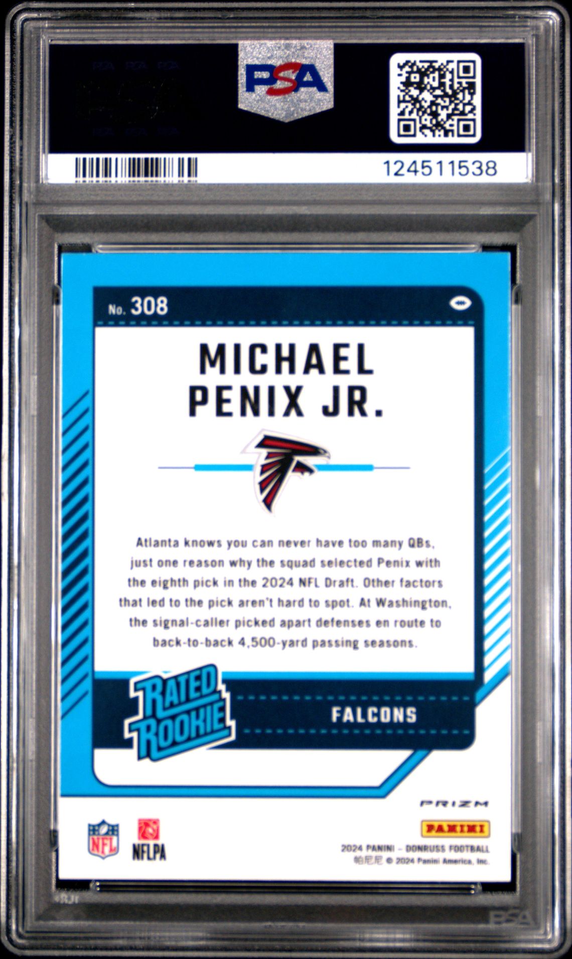 2024 Panini Donruss Michael Penix Jr. #308 (Optic Preview-Red Wave) Mint 9 back