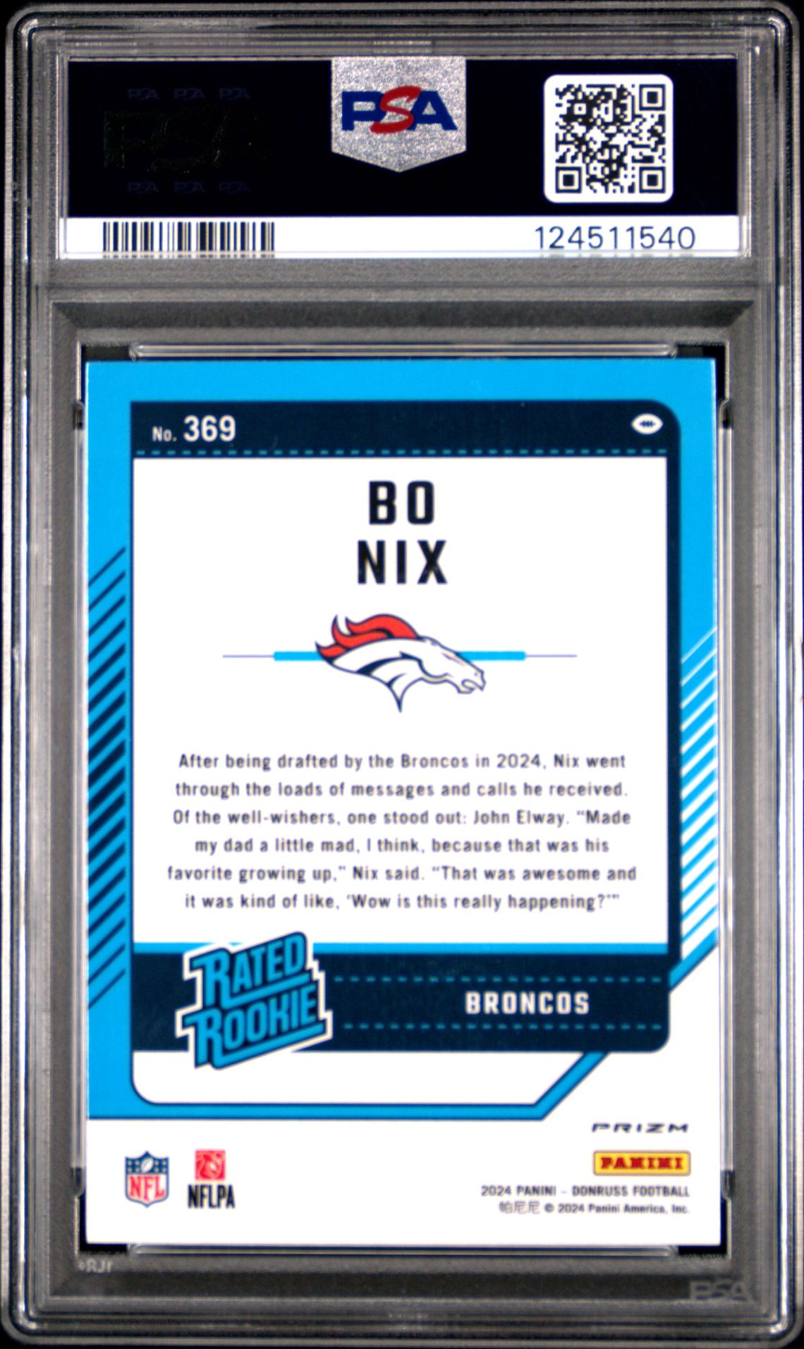 2024 Panini Donruss Bo Nix #369 (Optic Preview-Pink) Gem Mt 10 back
