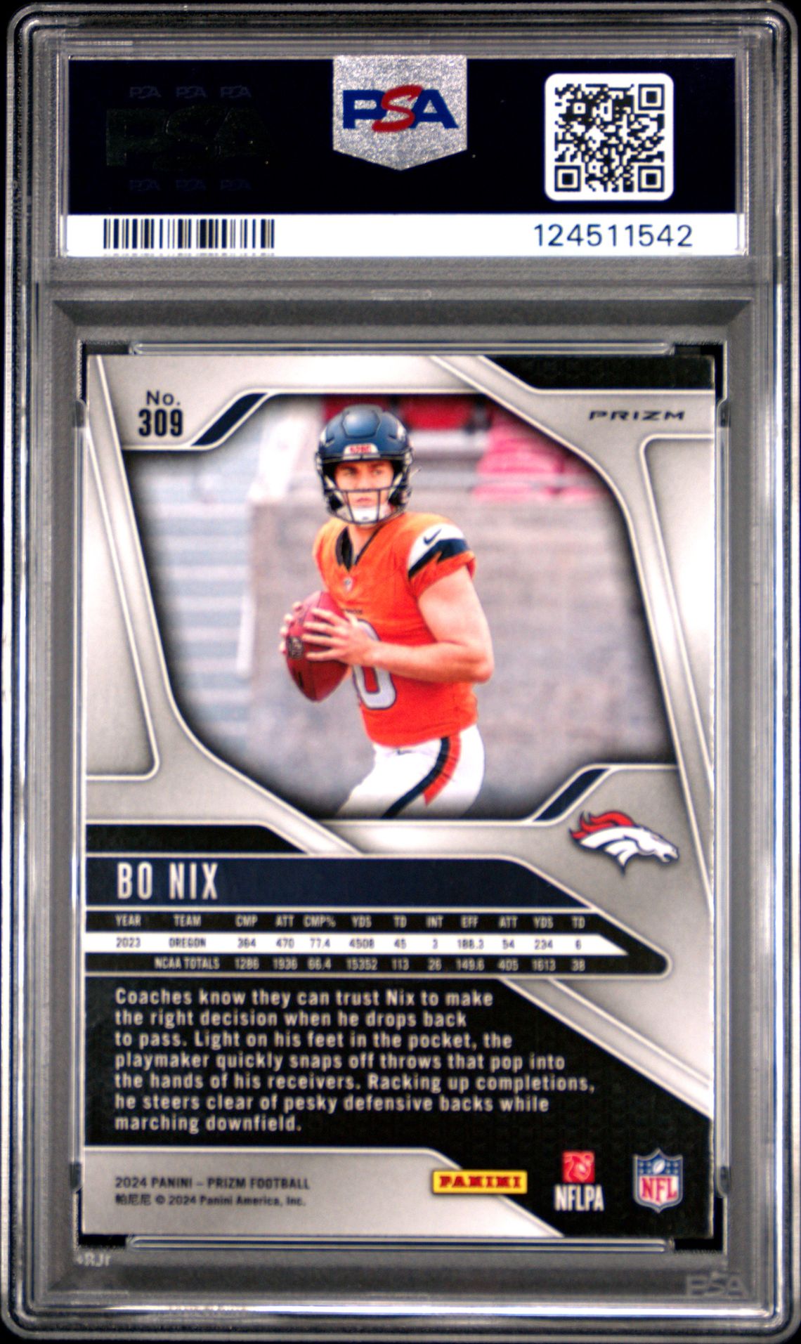 2024 Panini Prizm Bo Nix #309 (Disco Prizm) Mint 9 back