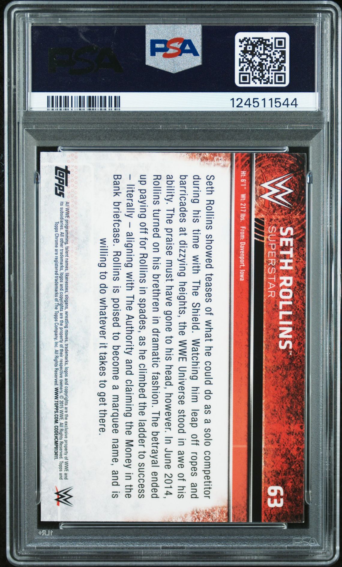 2015 Topps Chrome Wwe Seth Rollins #63 (Refractor) Mint 9 back