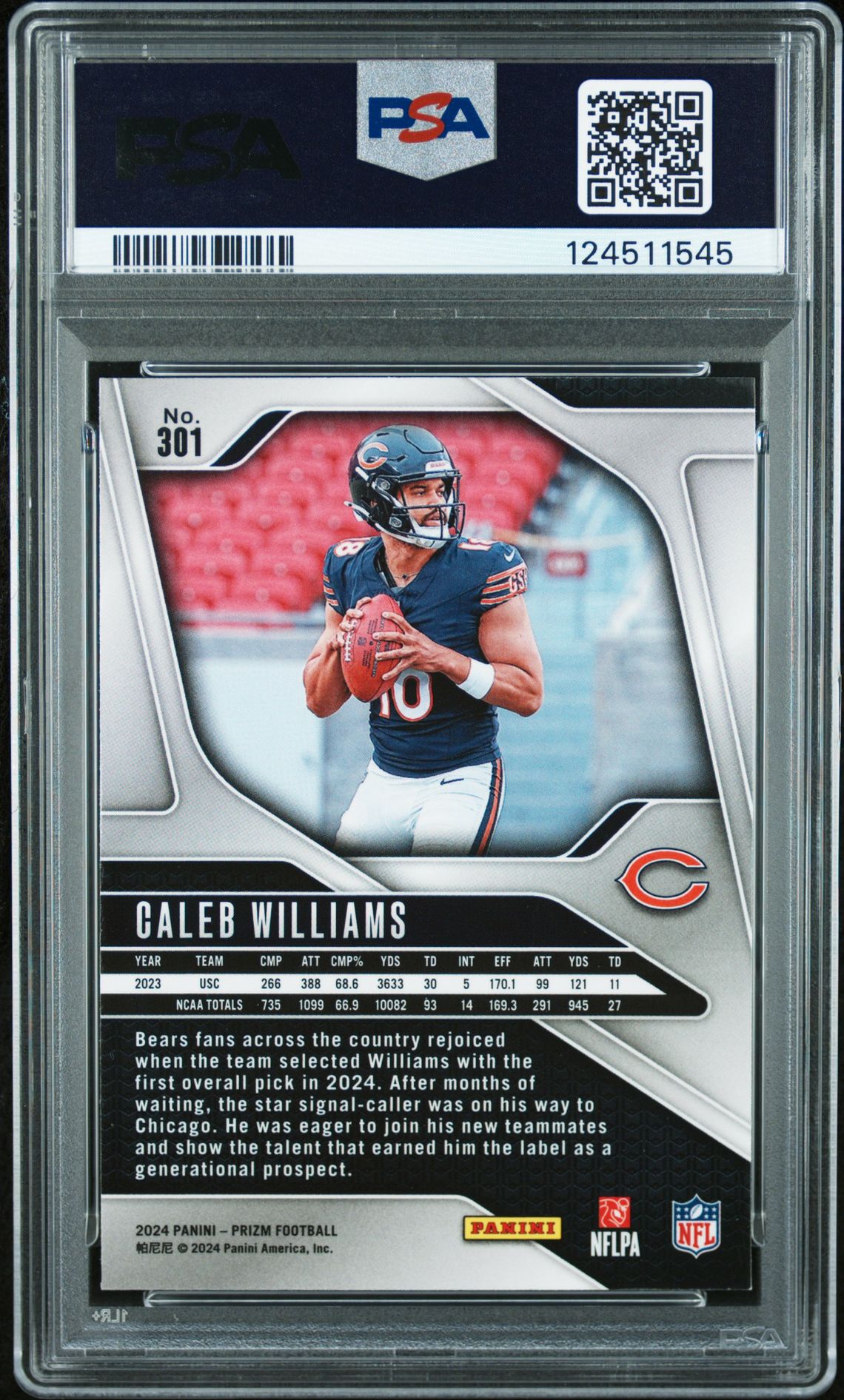 2024 Panini Prizm Caleb Williams #301 Mint 9 back